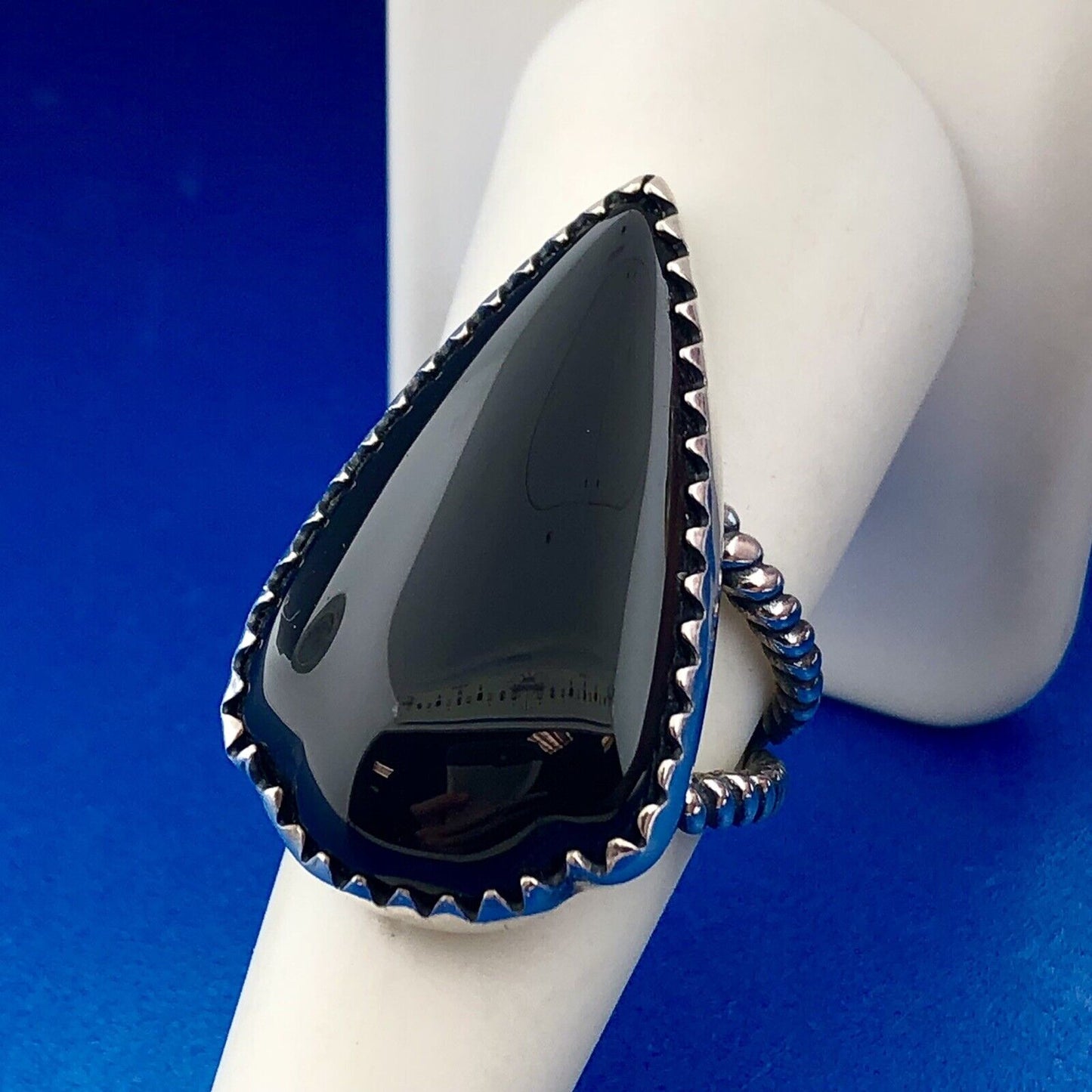 Vintage Sterling Silver 925 Black Onyx Teardrop Cabochon Statement Finger Ring