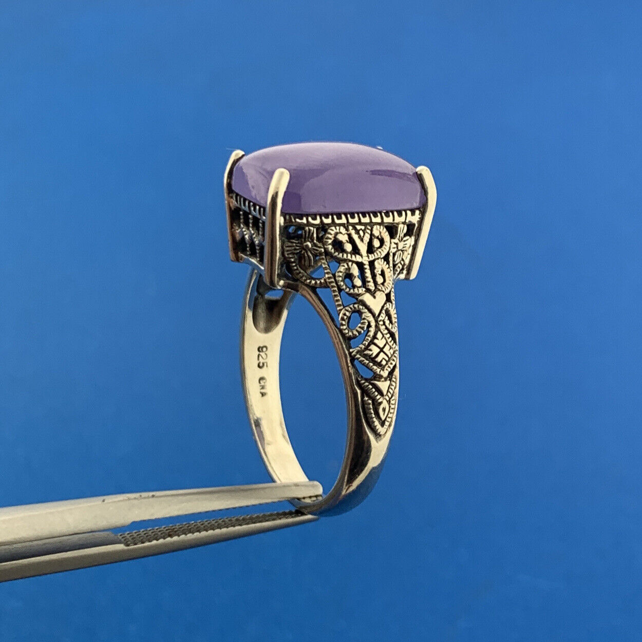 Designer CNA 925 Sterling Silver Purple Jade Jadeite Filigree Open Work Ring