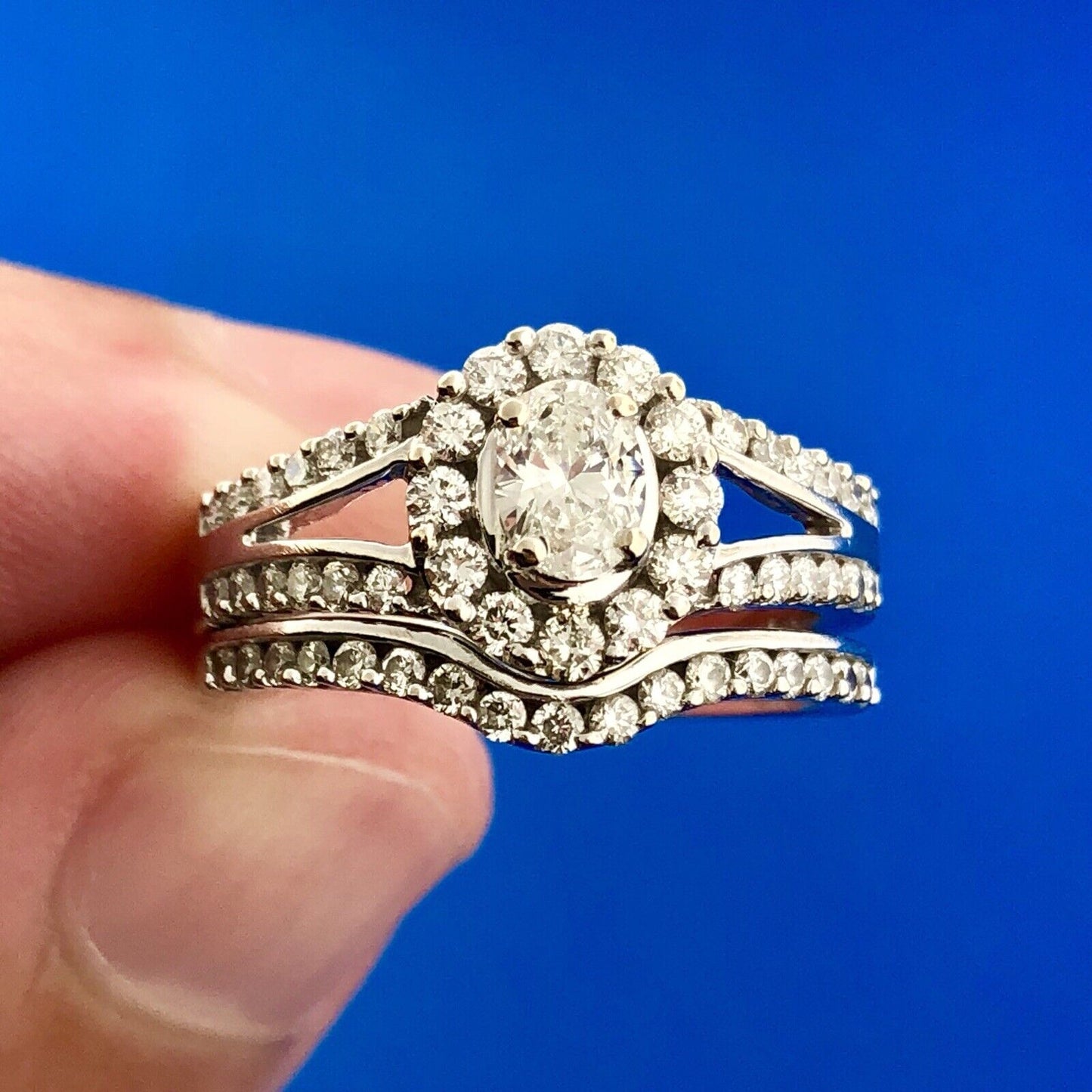 Stunning 14K White Gold Oval Diamond Halo Two Piece Engagement Bridal Set