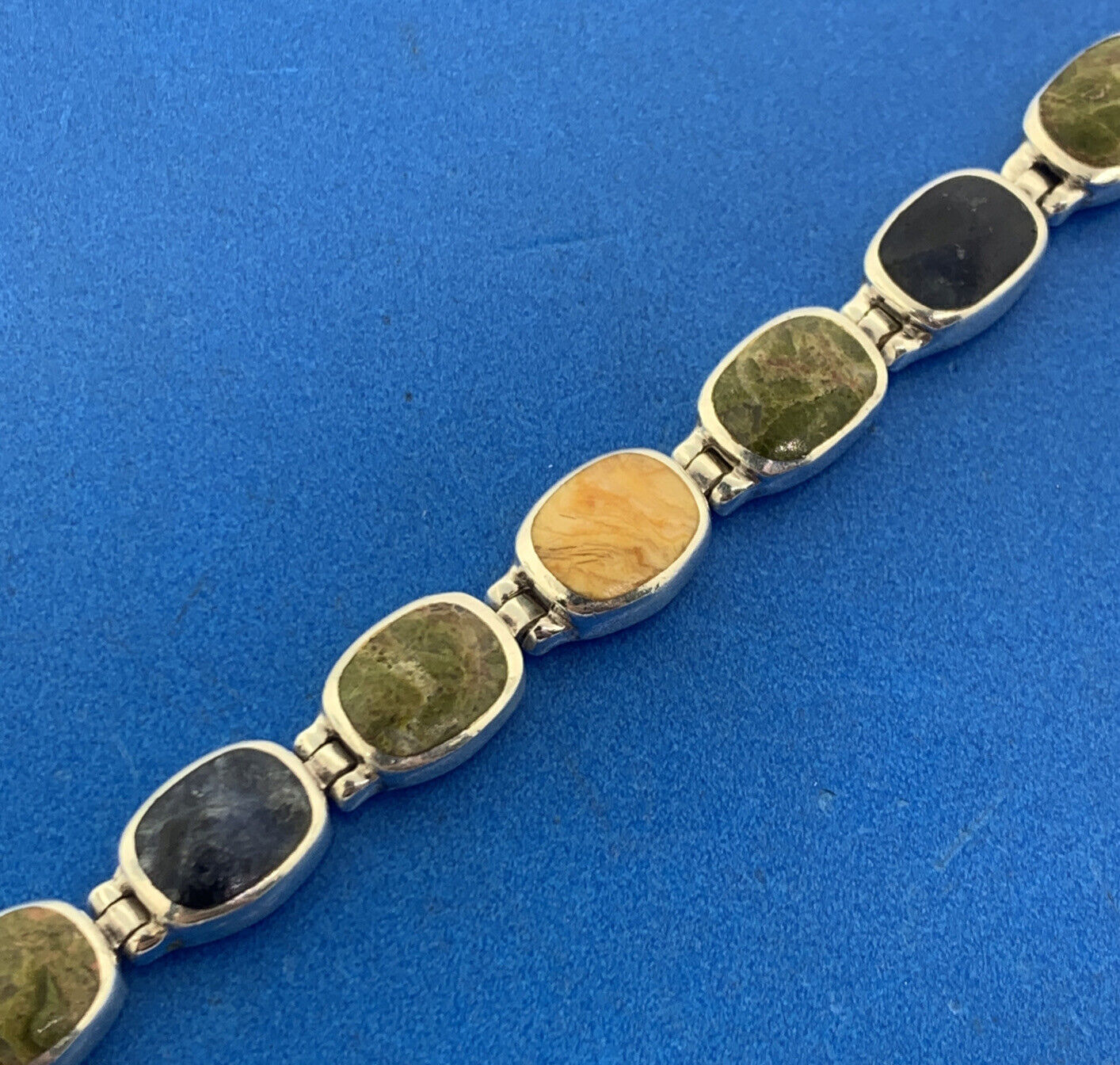 Native American Artisan Sterling Silver 925 Multi Stone Oval Cabochon Bracelet