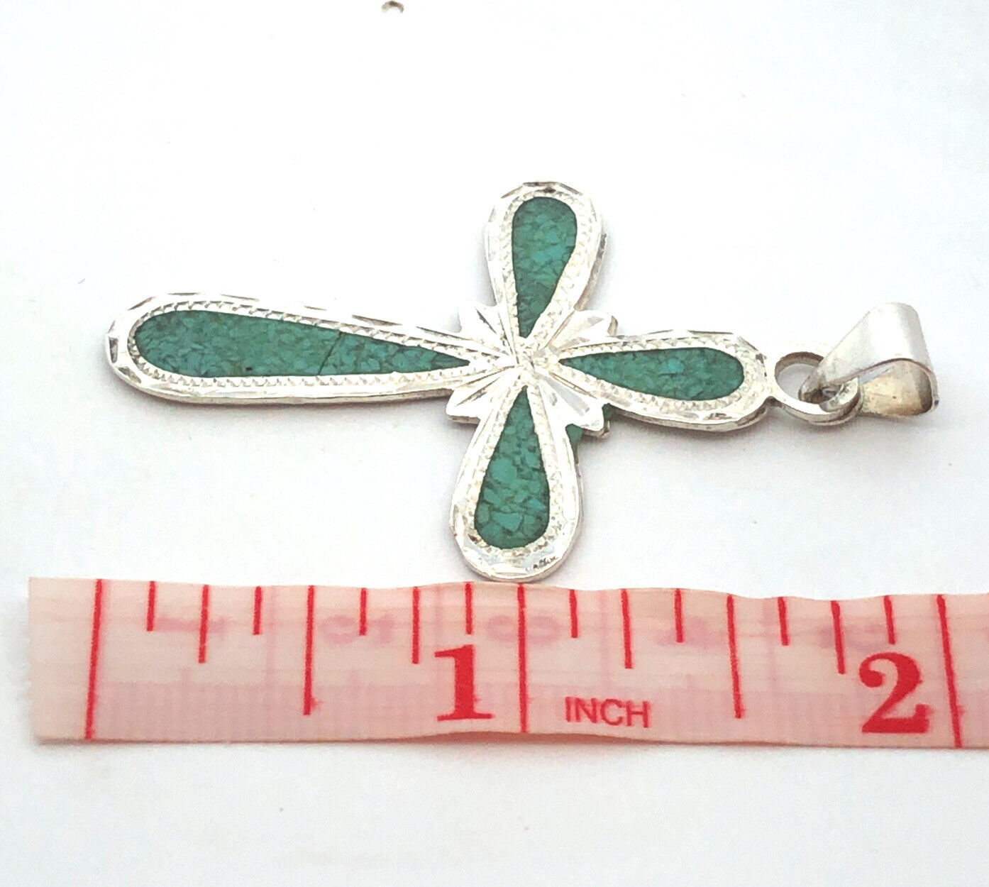 Vintage Taxco Mexico 925 Sterling Silver Turquoise Inlay Statement Cross Pendant