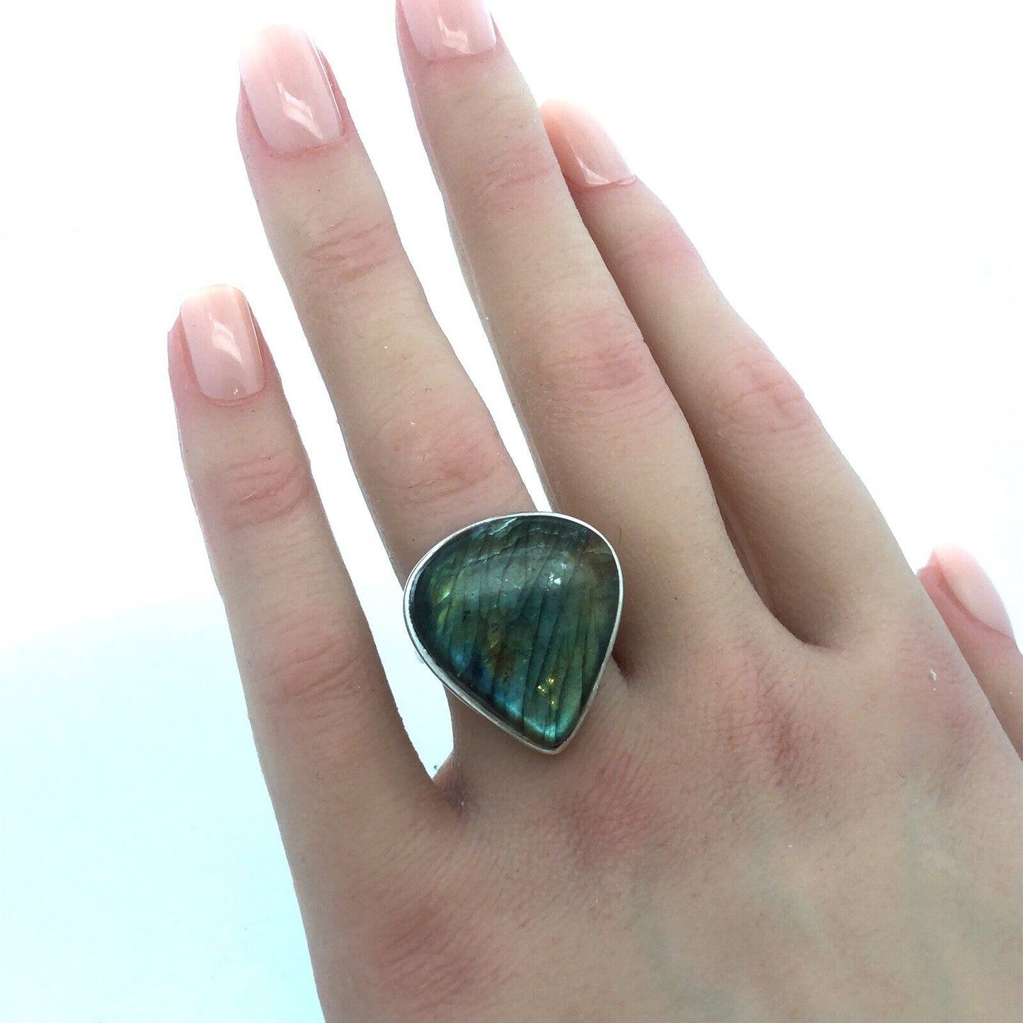 Vintage 925 Sterling Silver Triangle Cabochon Labradorite Statement Ring