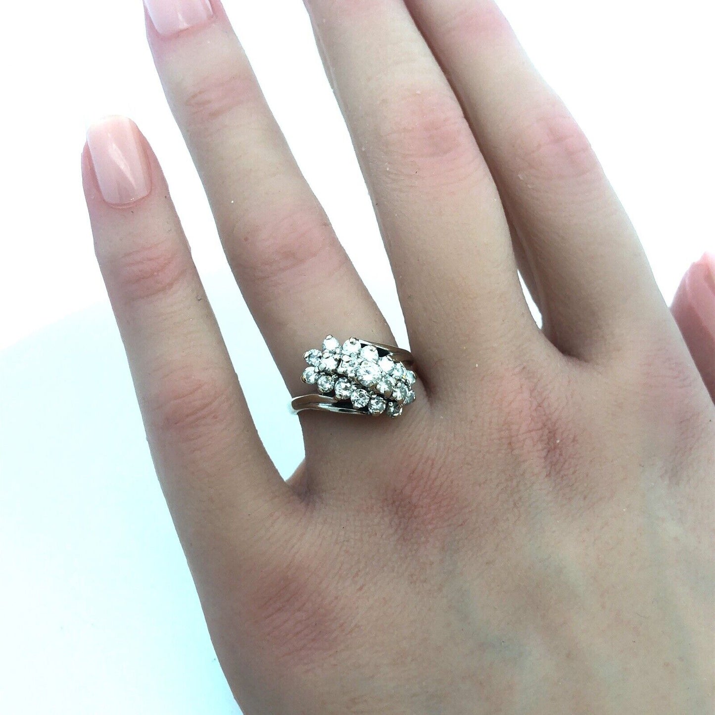 Vintage Designer 14K White Gold Diamond Cluster Bypass Waterfall Cocktail Ring
