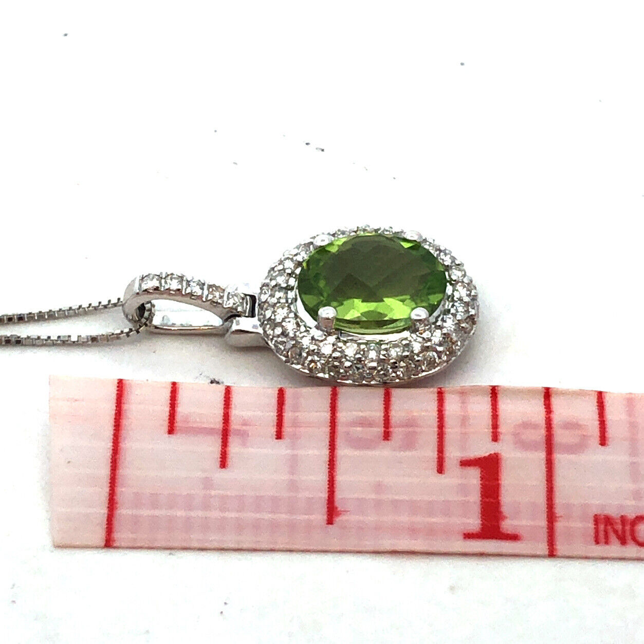 Designer EMA 14K White Gold Oval Peridot Round Diamond Pendant Necklace