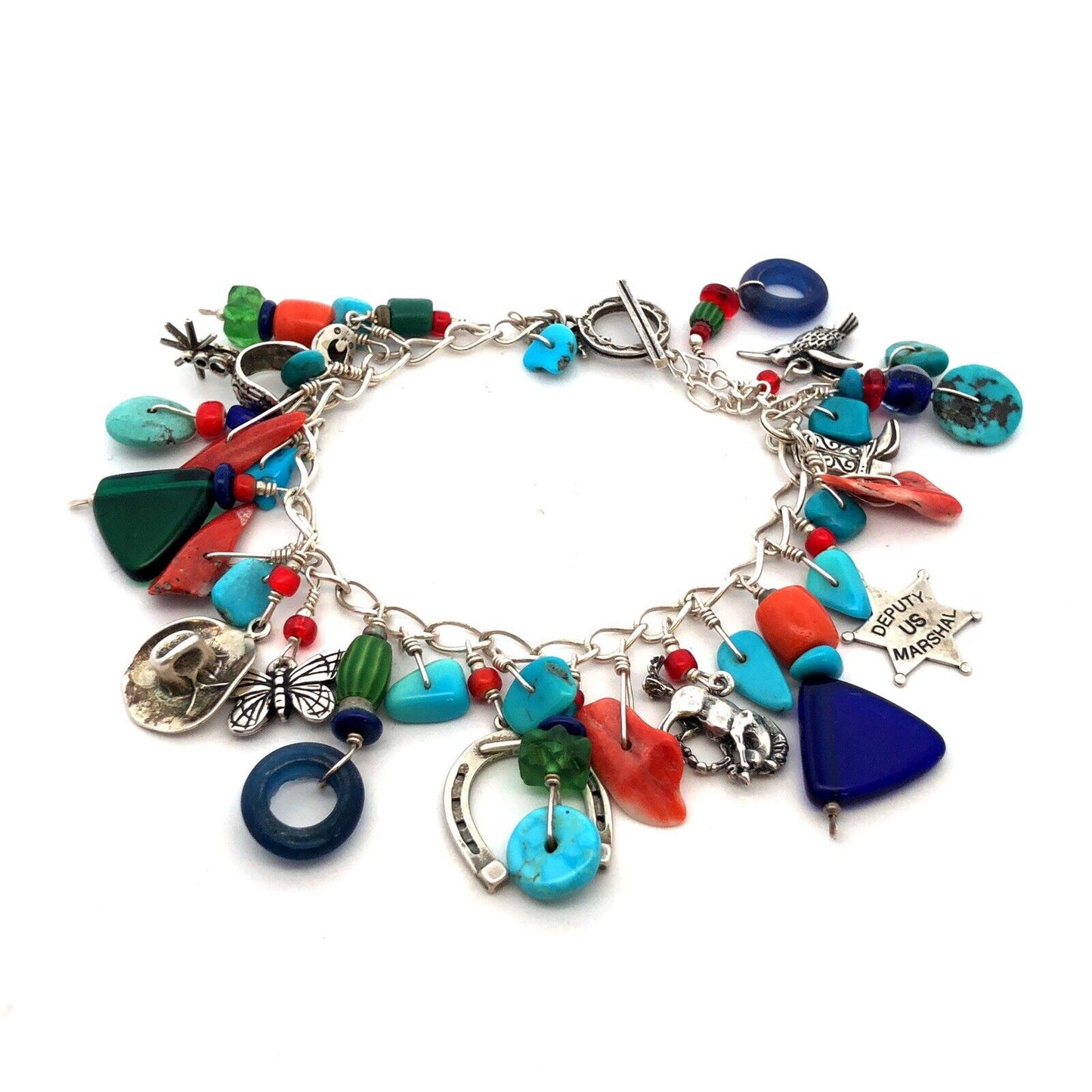 Native American 925 Sterling Silver Multistone Charm Statement Bracelet