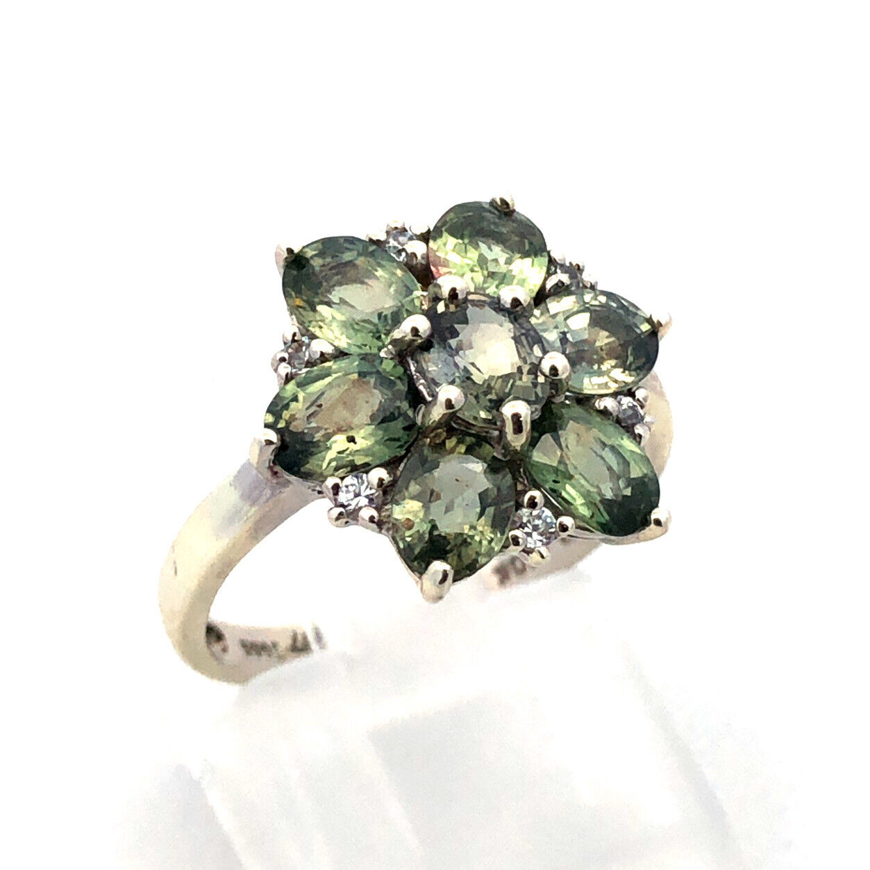 Designer TGGC 10K White Gold Oval Green Topaz Round Diamond Accent Cocktail Ring