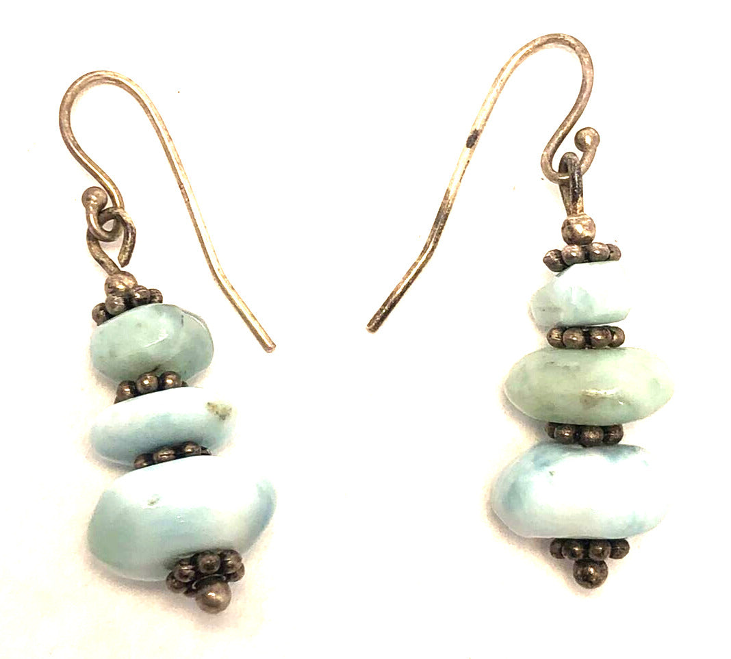 Estate 925 Sterling Silver Blue Larimar Beaded Hook Dangle Earrings