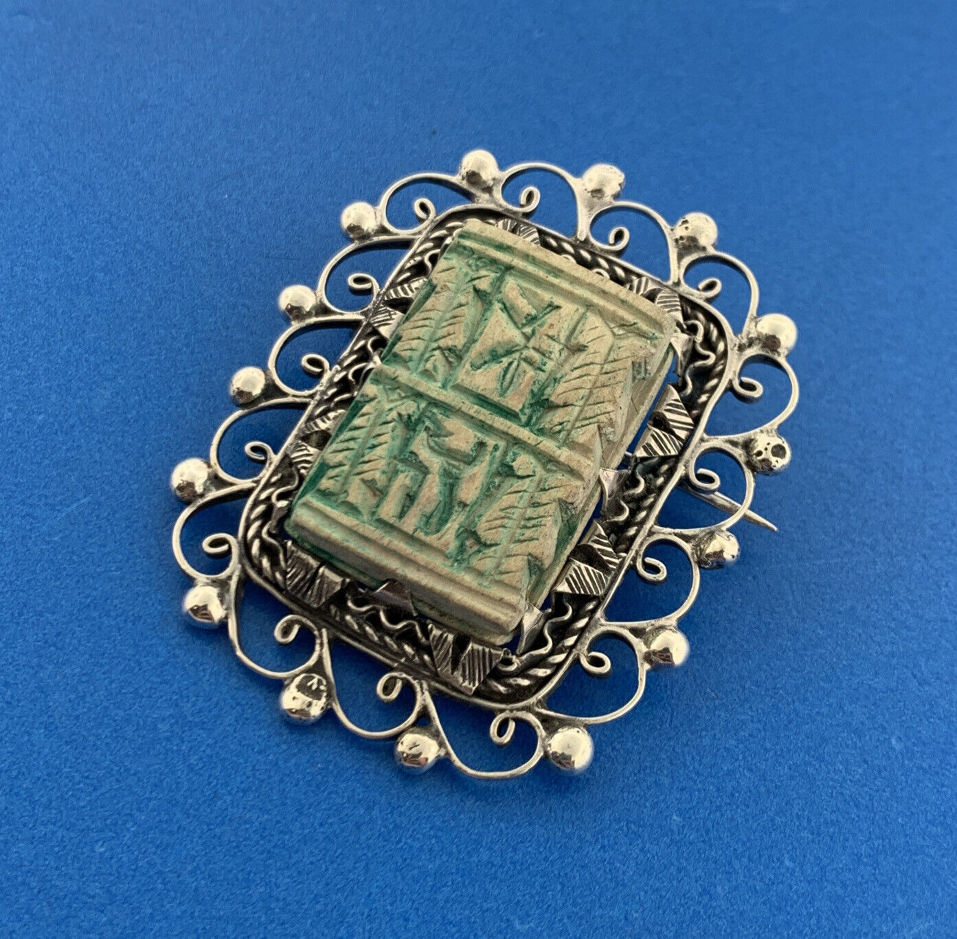 Antique 925 Sterling Silver Carved Scrimshaw Rectangle Open Work Pendant Brooch