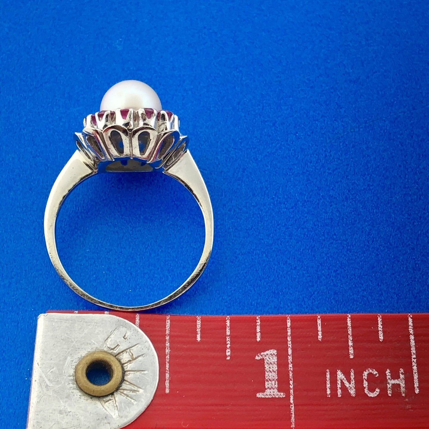 Gorgeous 14k White Gold Floral Round Cut Ruby Halo Pearl Ring SIze 4.25