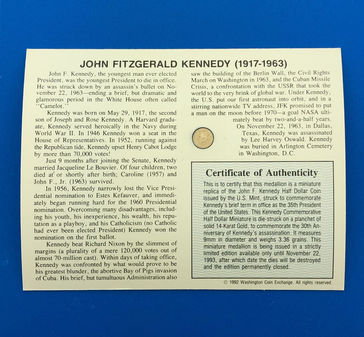 1993 14k Gold John F. Kennedy Memorial Half Dollar Commemorative Coin w/ COA