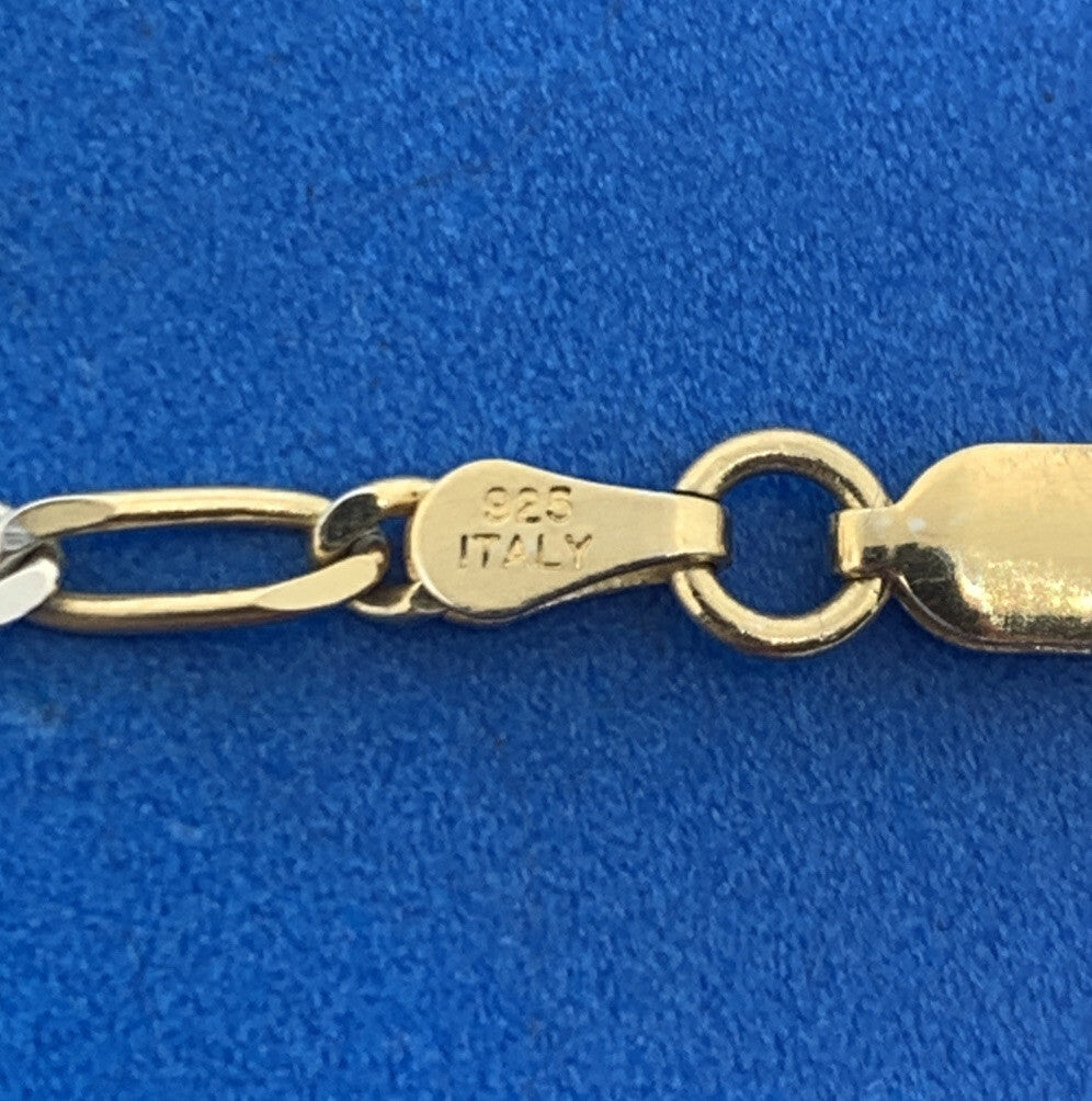 Karizia Spa Italy 925 Sterling Silver Vermeil 2 Toned Figaro Link Chain Bracelet