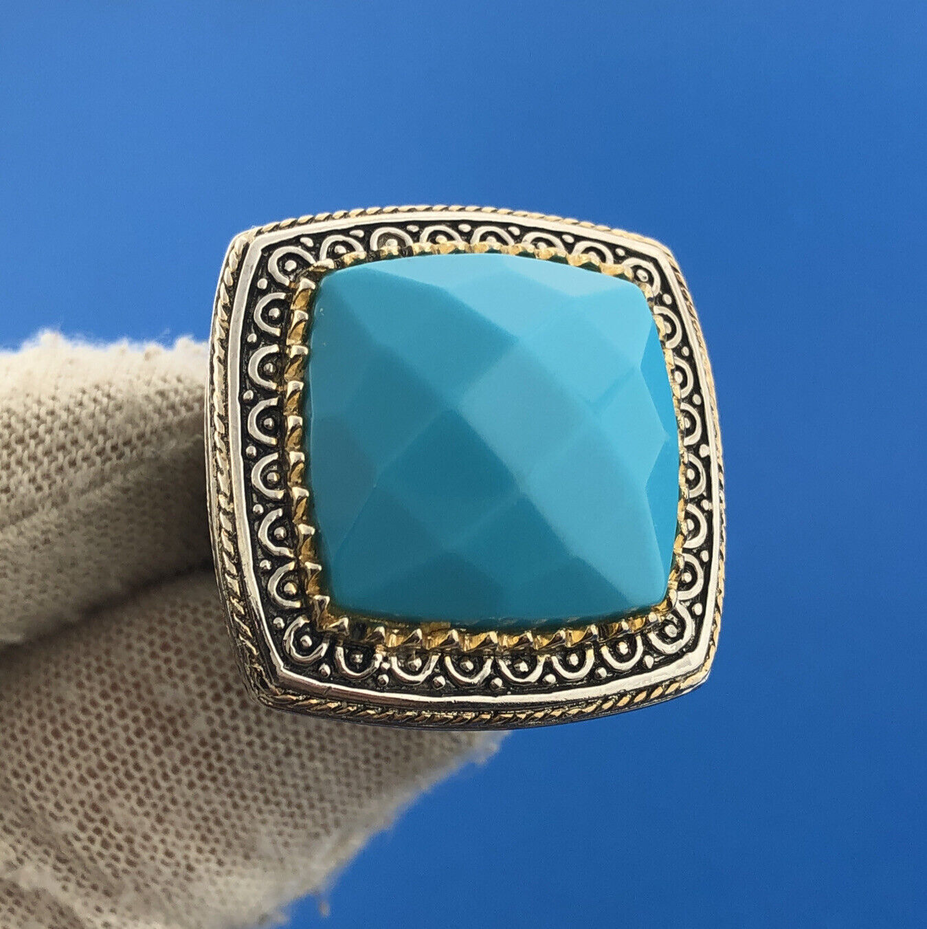 Designer PK Sterling Silver Two Toned Faux Turquoise Scroll Statement Dome Ring