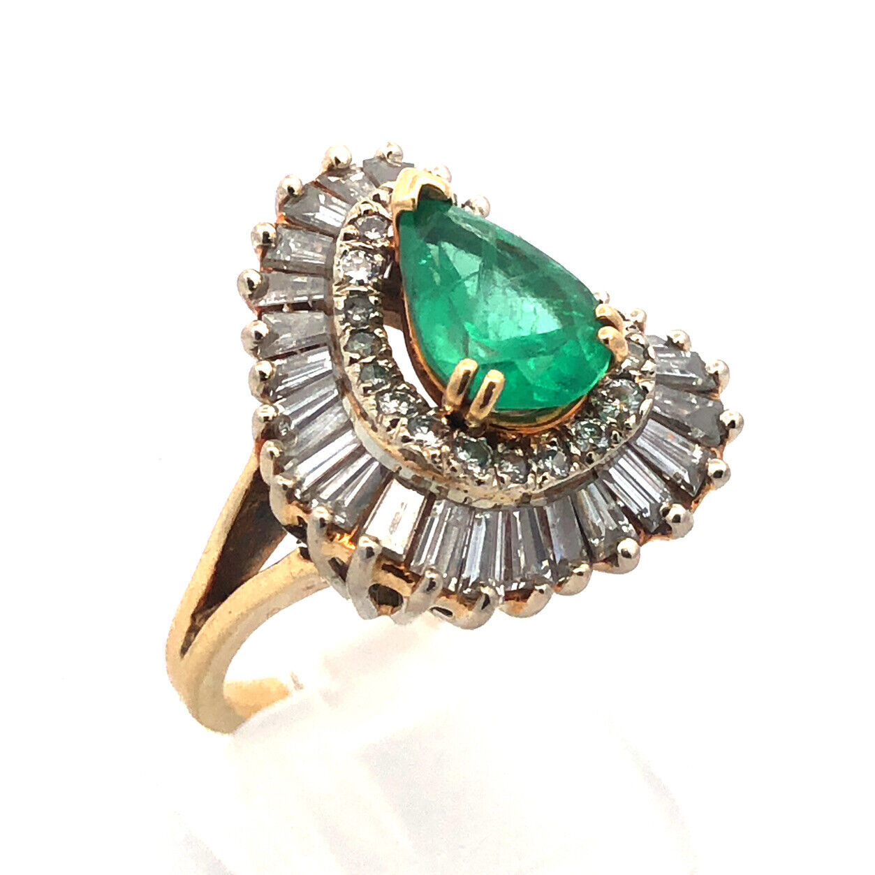 Vintage 14K Yellow Gold Pear Emerald Double Diamond Halo Statement Cocktail Ring