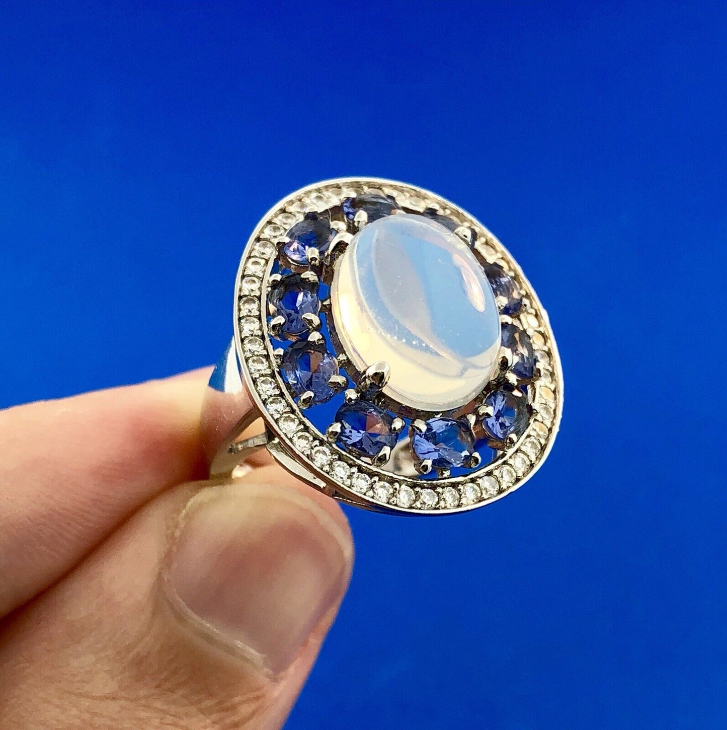 925 Sterling Silver Moonstone Tanzanite Diamond Double Halo Statement Ring