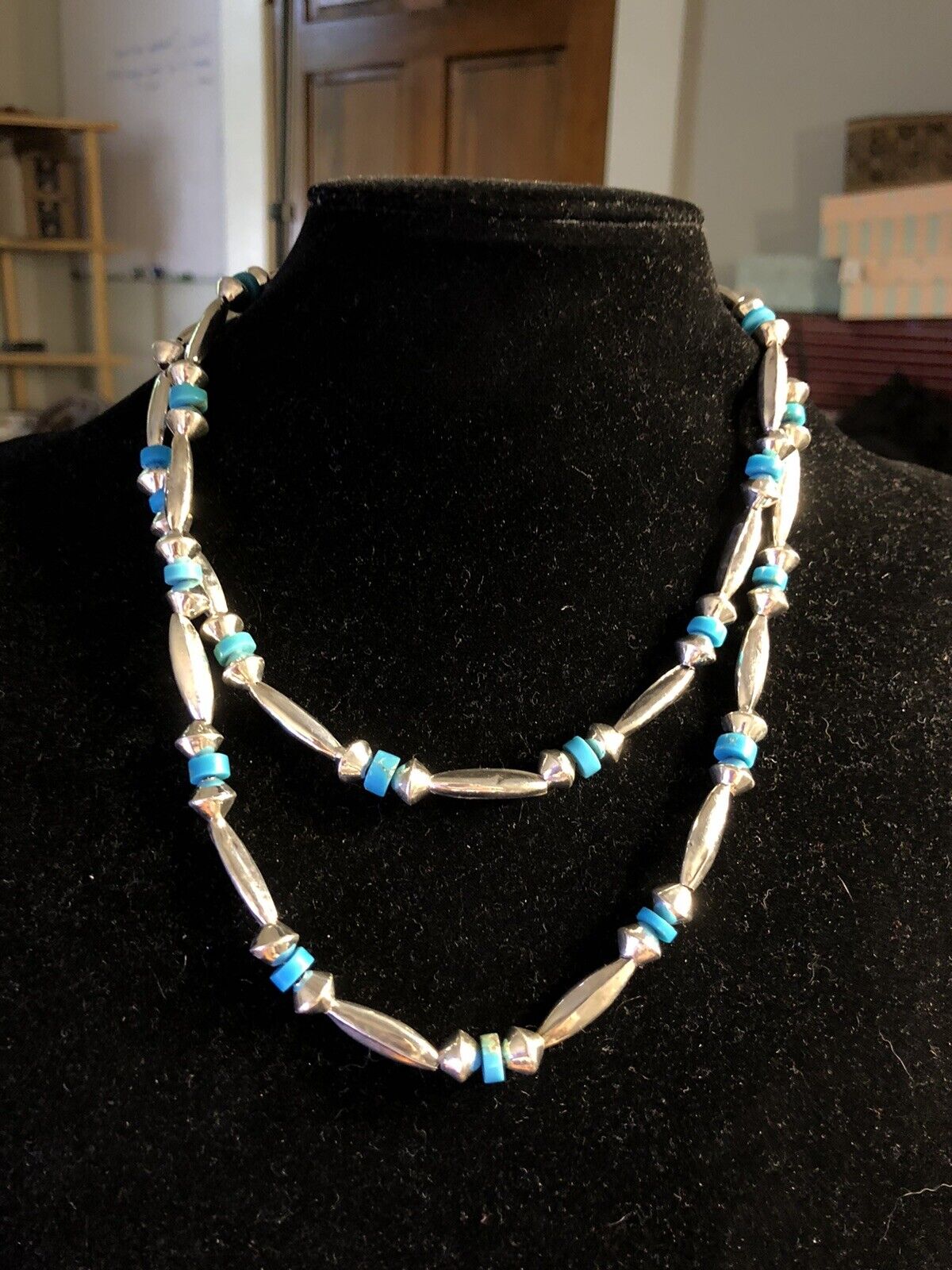 Vintage Native American Old Pawn 925 Sterling Silver Turquoise Beaded Necklace