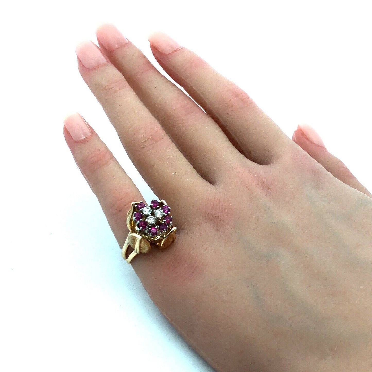Designer EAG 14K Yellow Gold Round Ruby Diamond Flower Bud Statement Ring