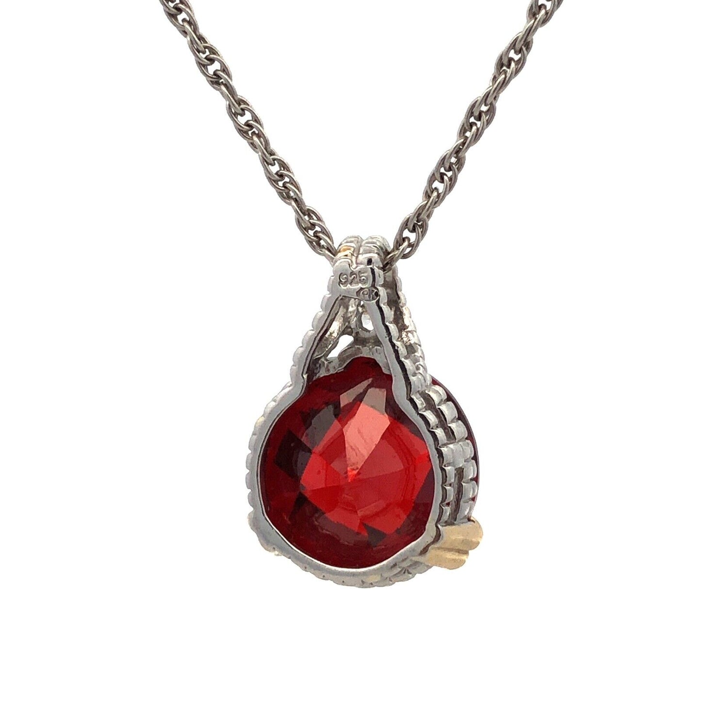925 Sterling Silver Two Tone Cushion Cut Red Cubic Zirconia CZ Necklace