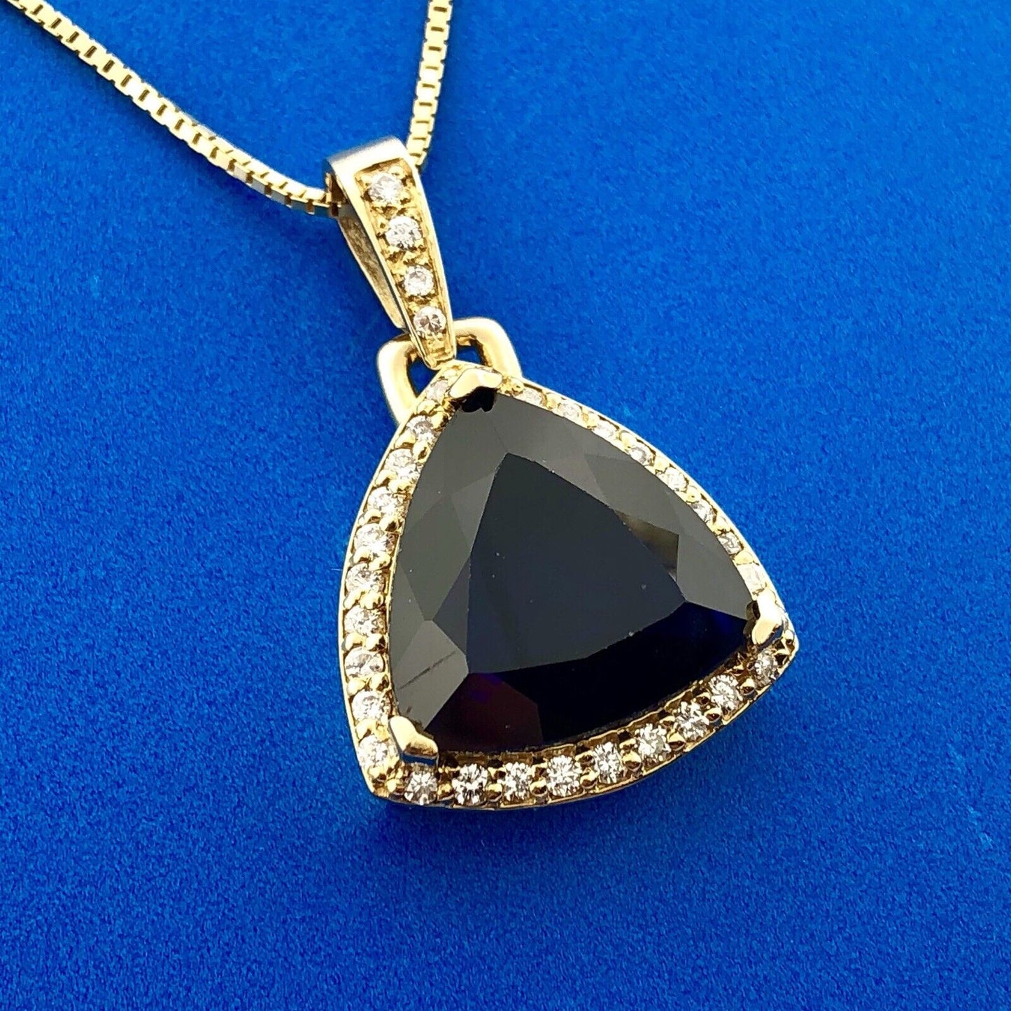 Custom 18K Yellow Gold Large Trillion Cut Lab Created Sapphire Diamond Pendant