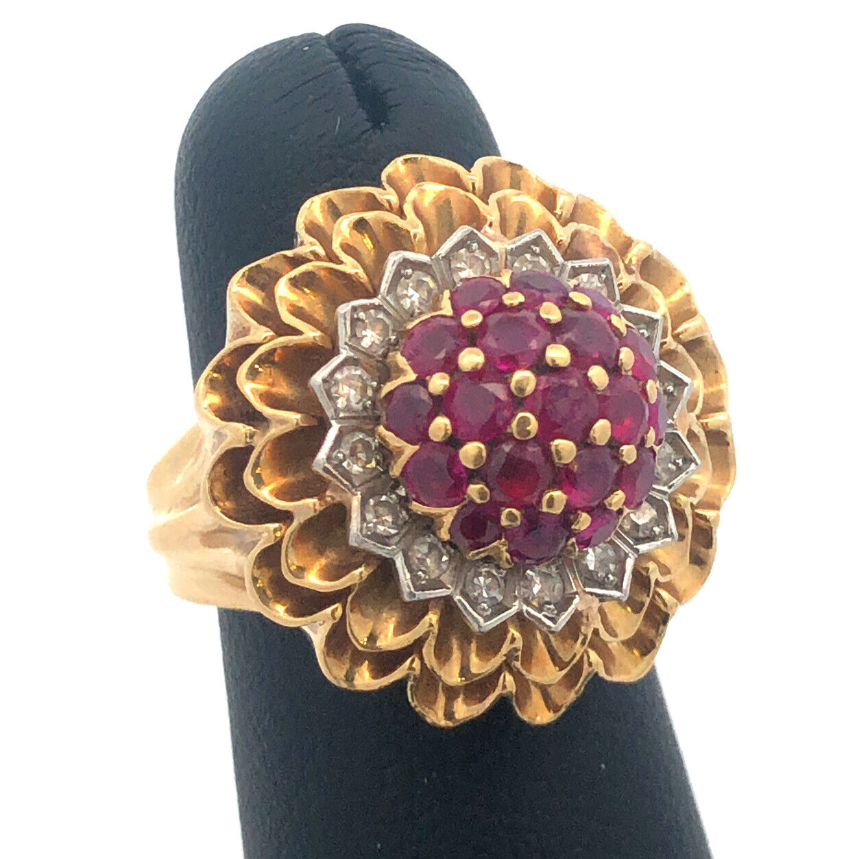 Vintage Artisan 18 Yellow Gold Ruby Diamond Cluster Dome Statement Cocktail Ring