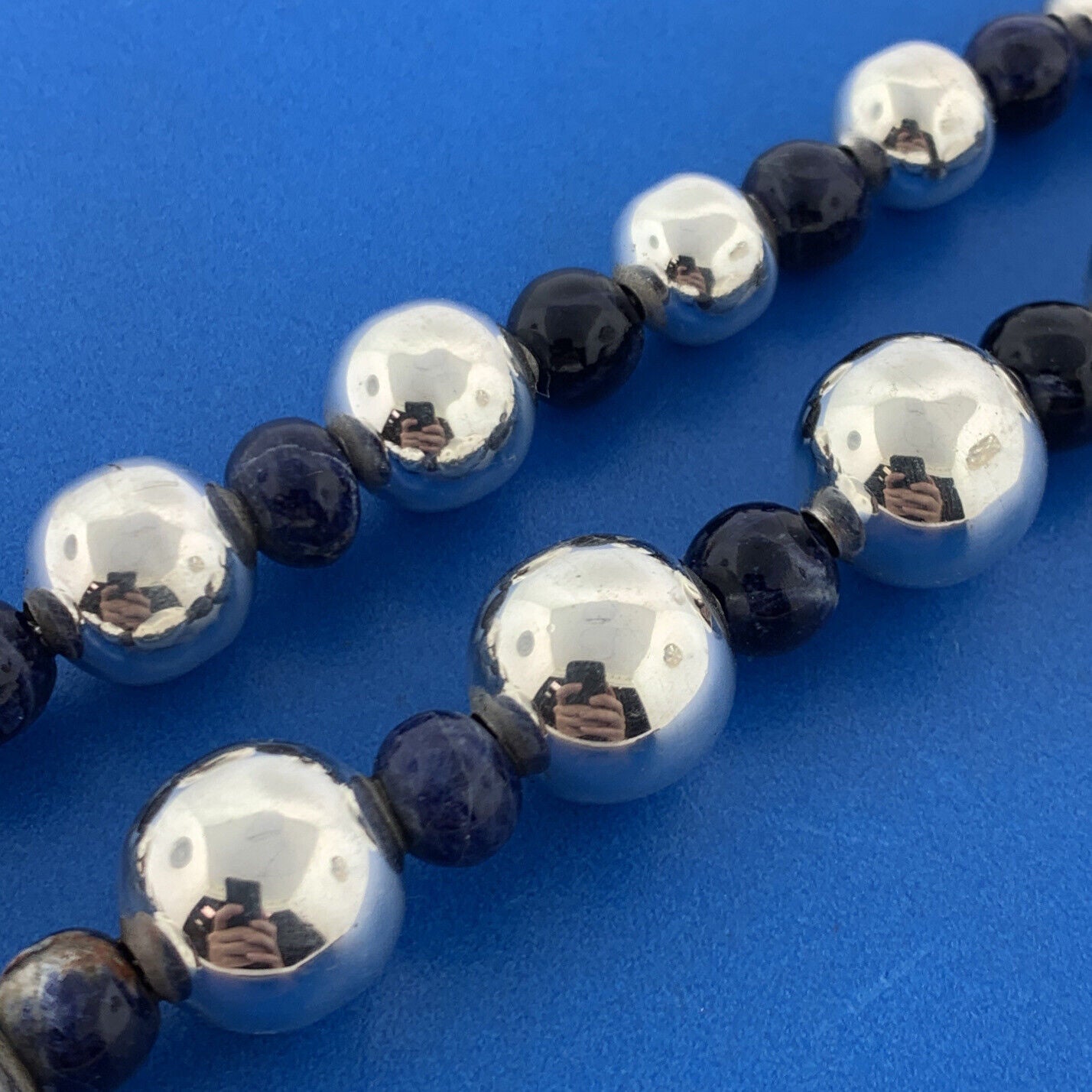 Taxco Mexico Designer TM-09 Sterling Silver 925 Lapis Bead 24" Strand Necklace