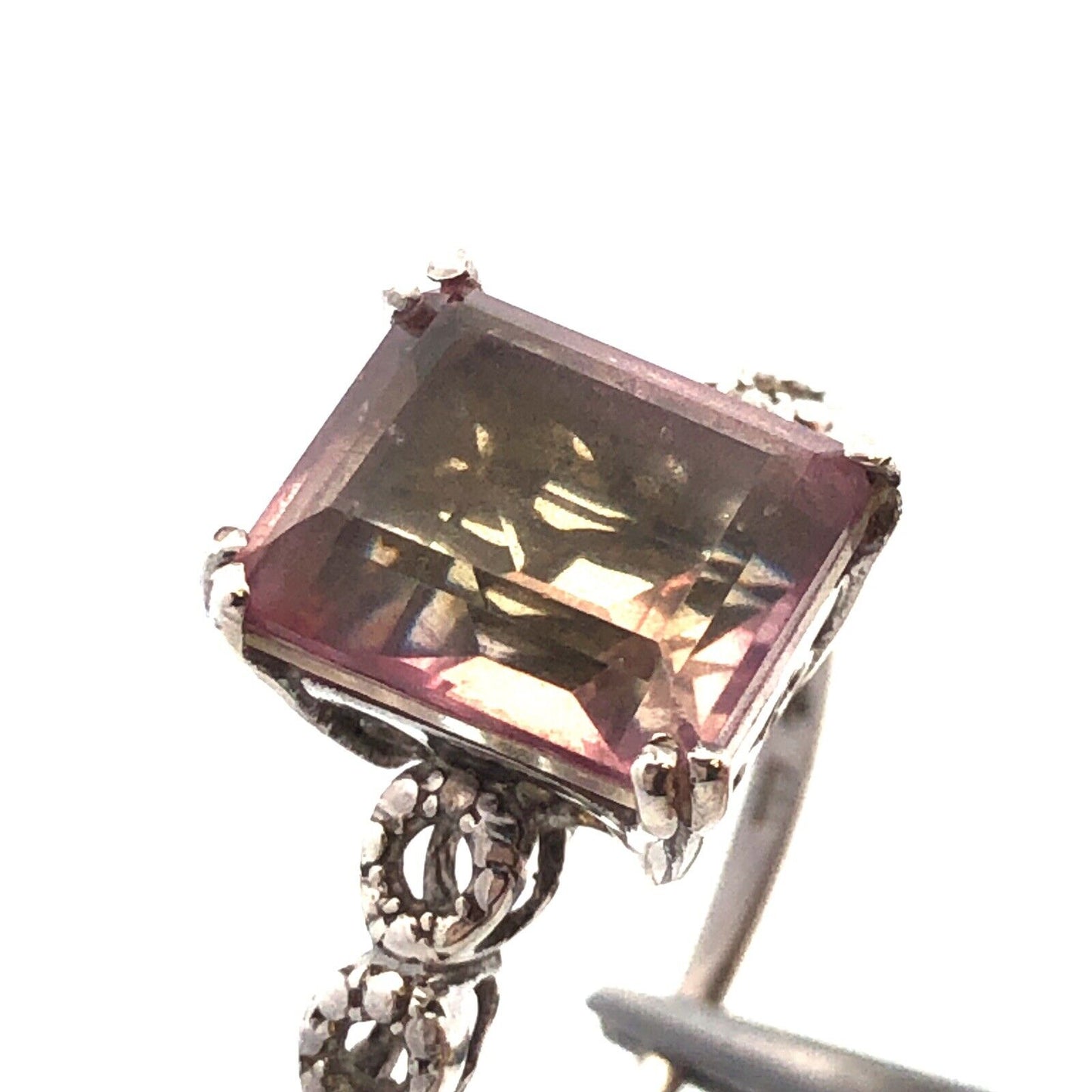Designer STS 925 Sterling Silver Emerald Cut Pink Amethyst Anniversary Ring
