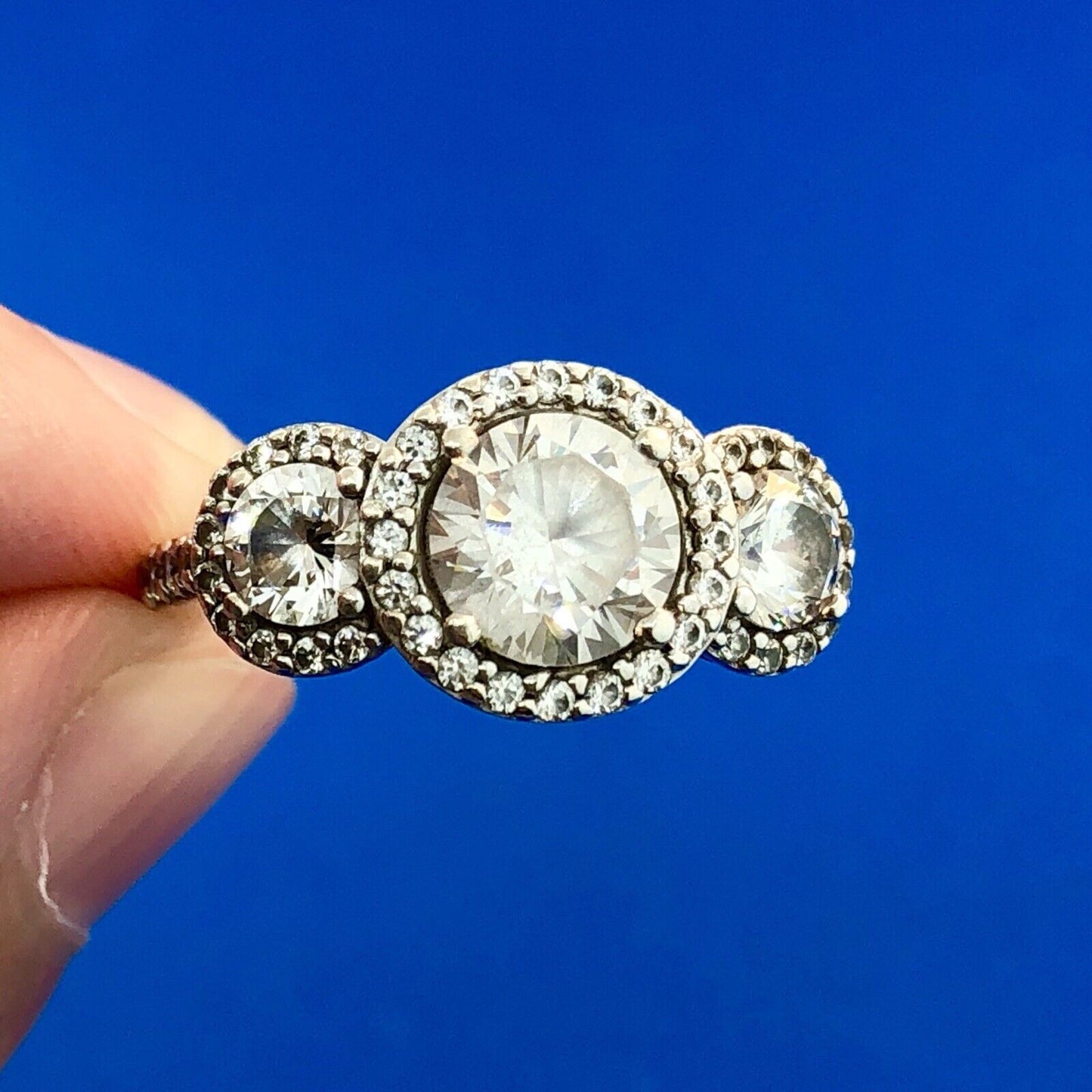 Designer 925 Sterling Silver Cubic Zirconia CZ Trio Halo Engagement Promise Ring