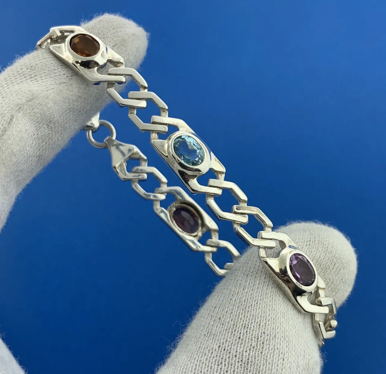 Designer 925 Sterling Silver Mixed Oval Gemstones Statement Tennis Bracelet