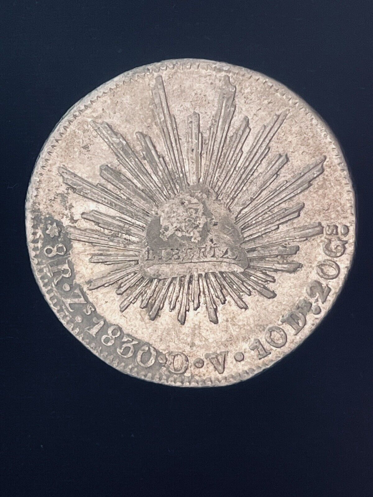 1830 Zs Zacatecas Mexico 8 Reales .903 Silver O.V. Cap and Rays Libertad Coin