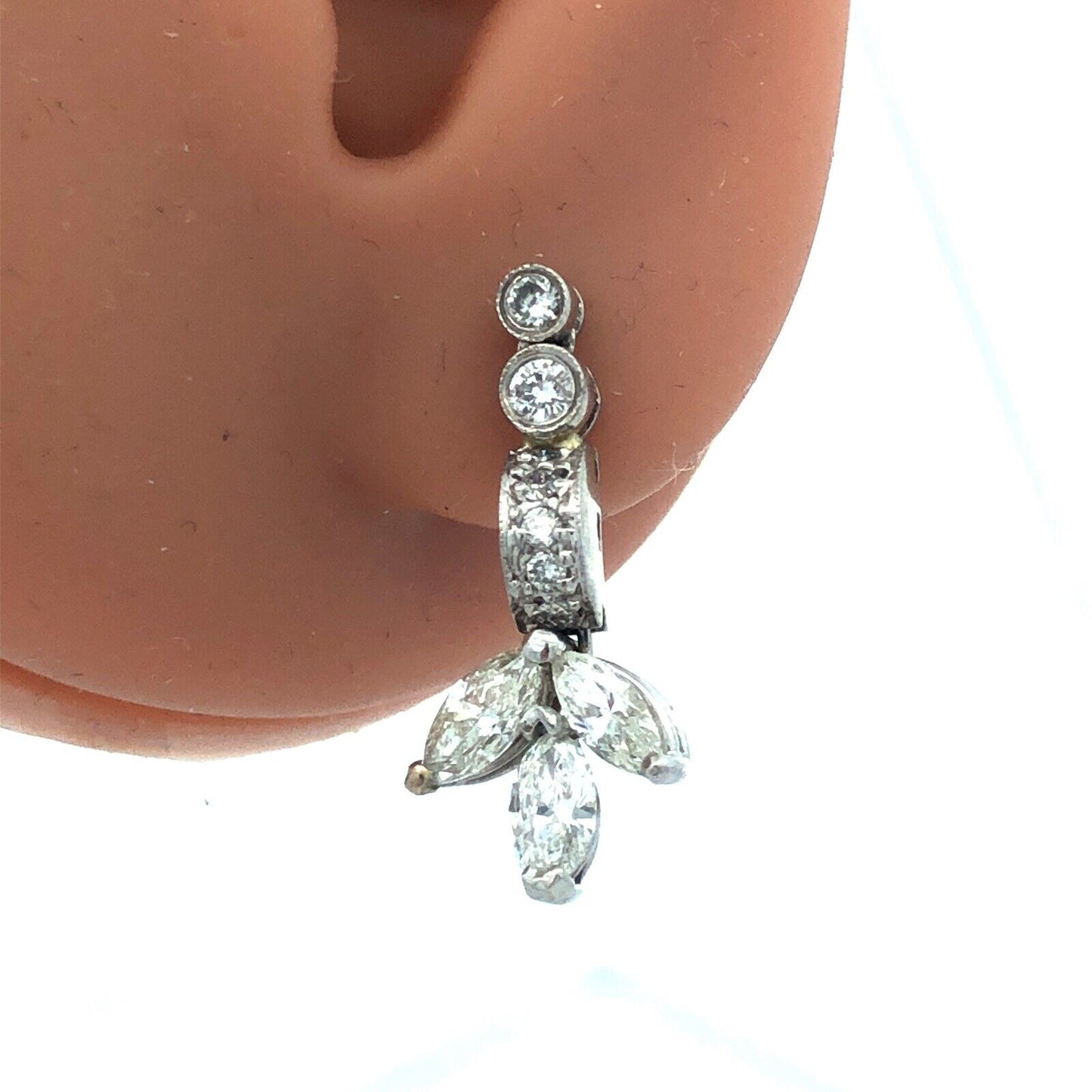 Designer 14K White Gold Diamond Floral Cluster Dangle Pierced Stud Earrings