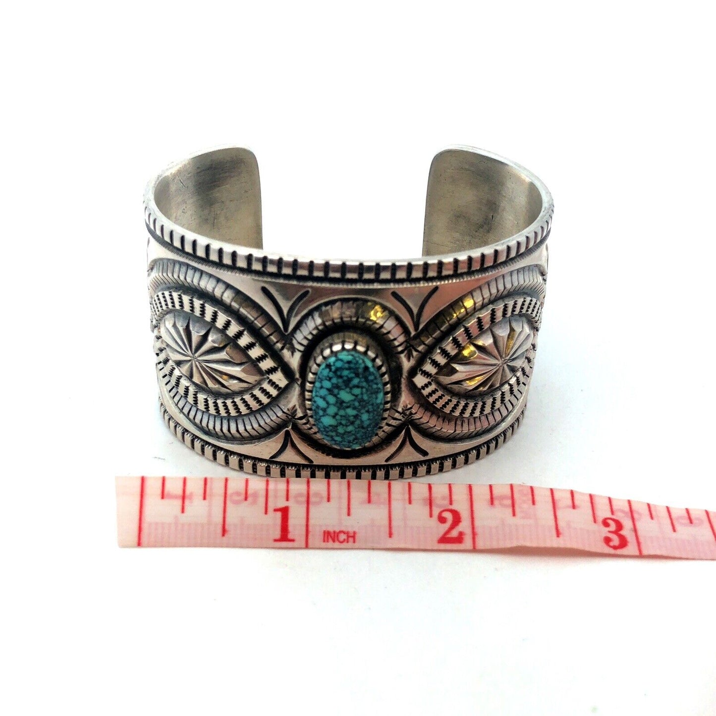 Native American Picto Signed Sterling Silver Turquoise Statement Cuff Bracelet