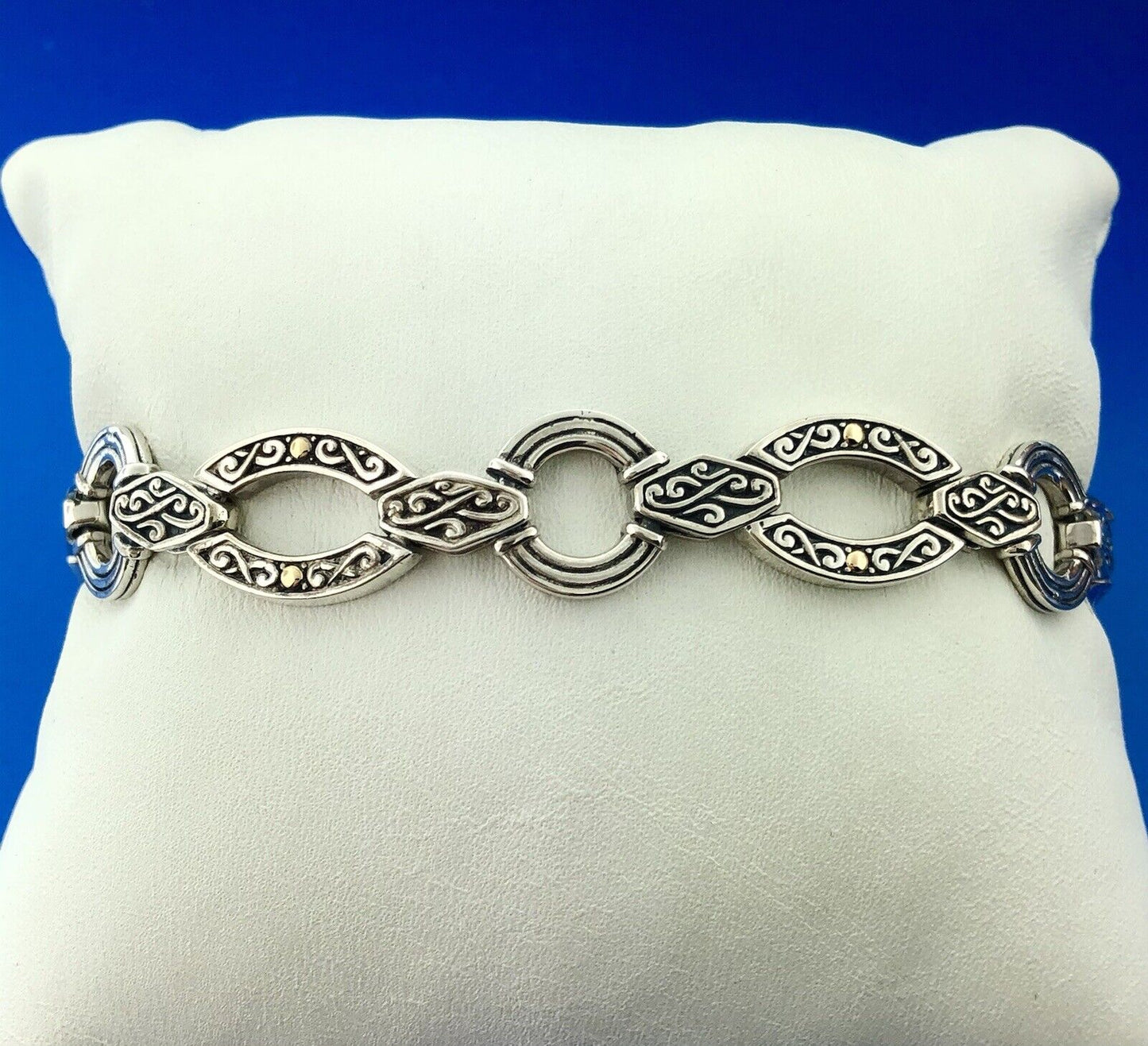 Designer 18K White Gold Sterling Silver Scroll Oval Circle Link Toggle Bracelet
