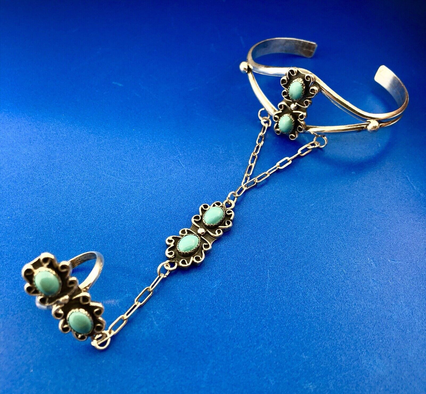 Native American Artisan CM Sterling Silver 925 Turquoise Slave Cuff Bracelet