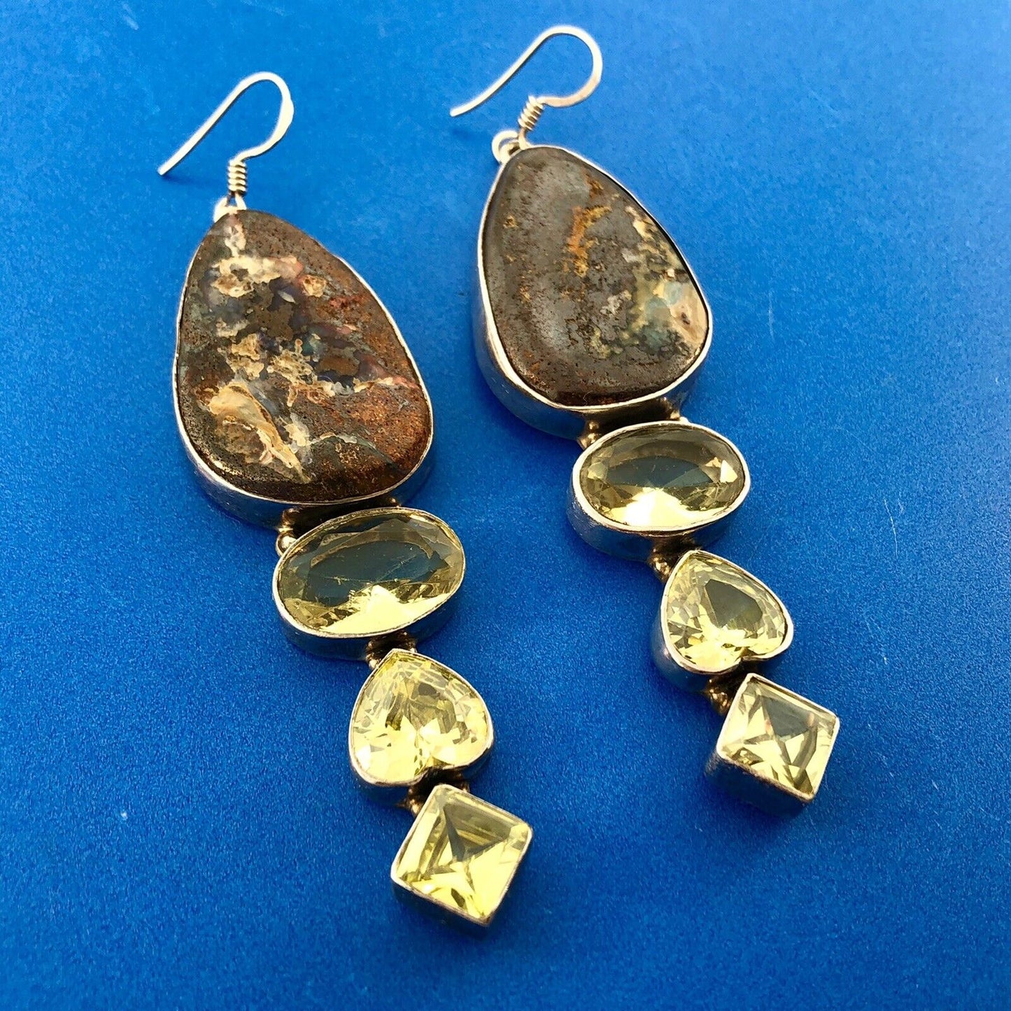Retro 925 Sterling Silver Chunky Llanite Lemon Quartz Statement Dangle Earrings