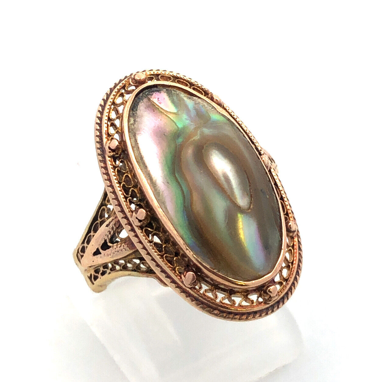 Vintage Art Deco Retro 10K Yellow Gold Abalone Ring with Filigree Detailing