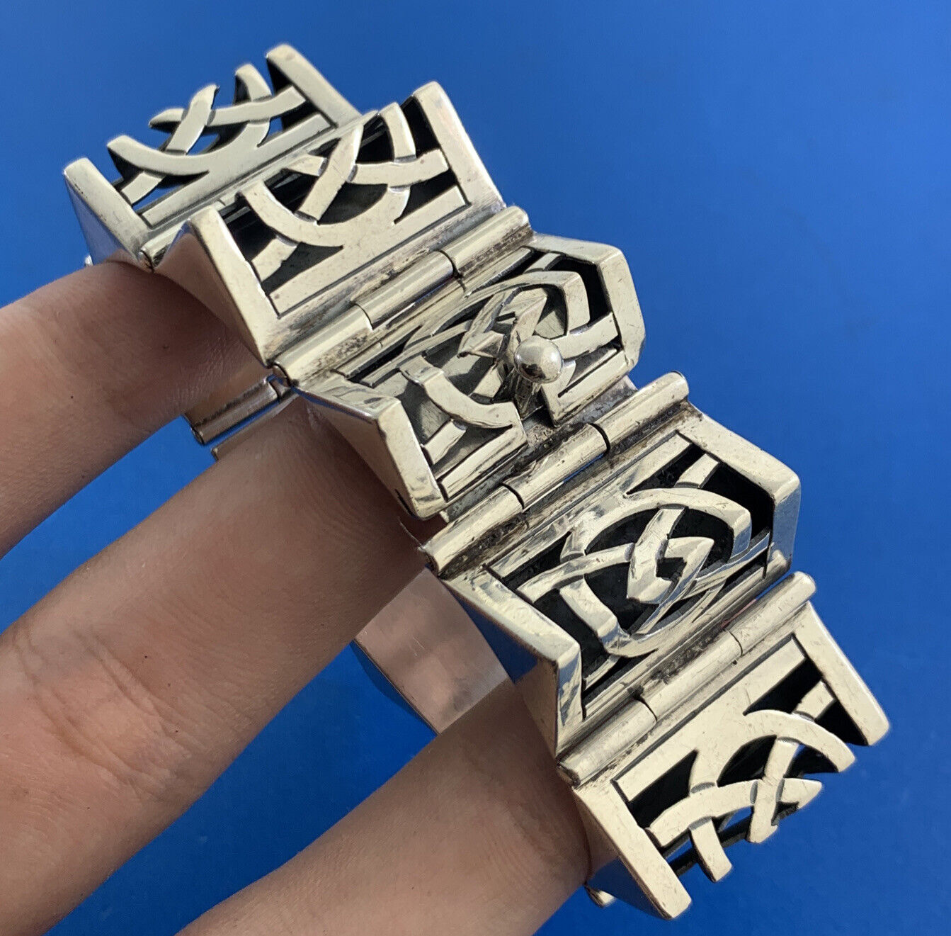 Mid-Century Taxco 925 Sterling Silver Modernist Accordion Style Cuff Bracelet
