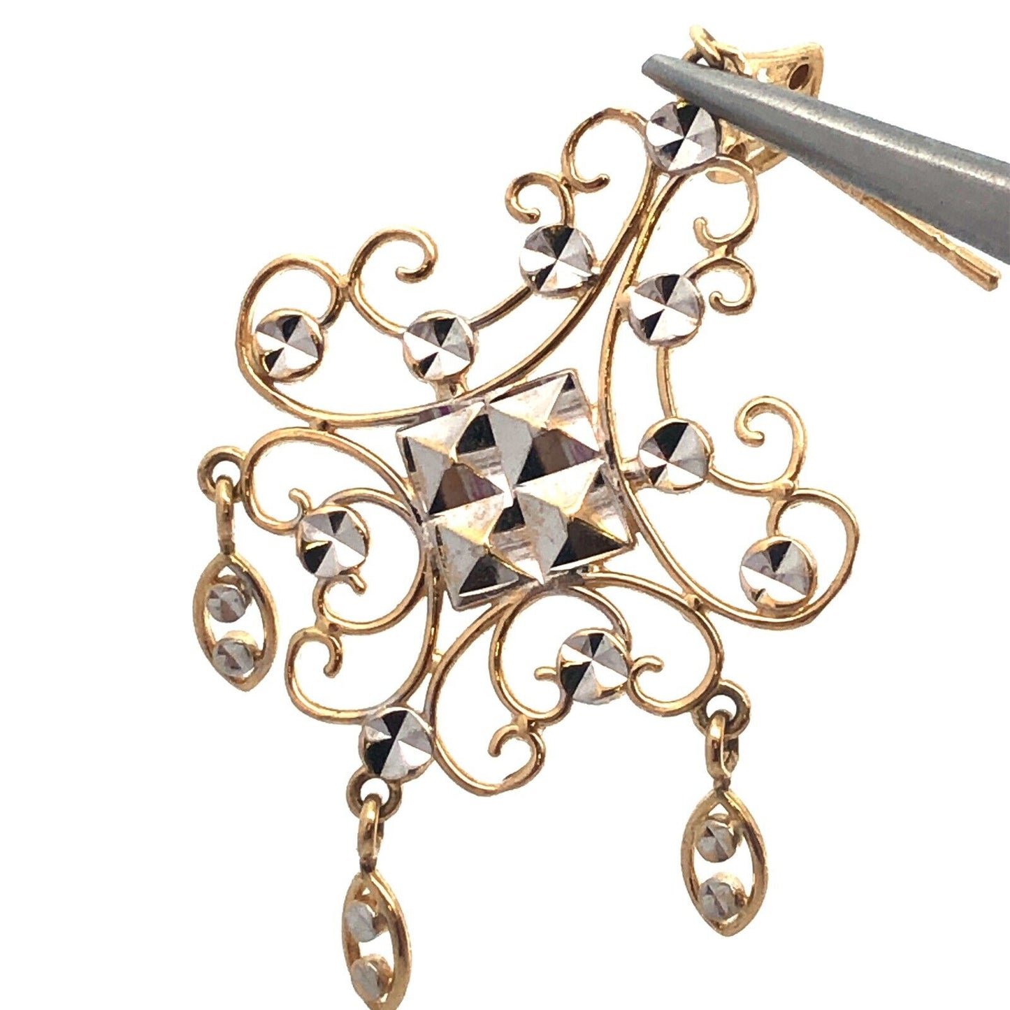 14K White Yellow Gold Chandelier Wedding Bridal Filigree Ornate Dangle Earrings