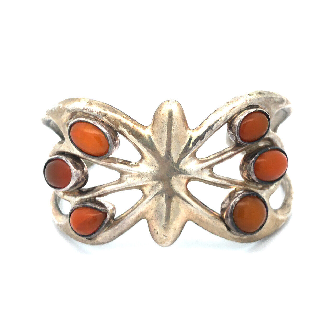 Modernist 925 Sterling Silver Mexican Fire Opal Butterfly Open Cuff Bracelet