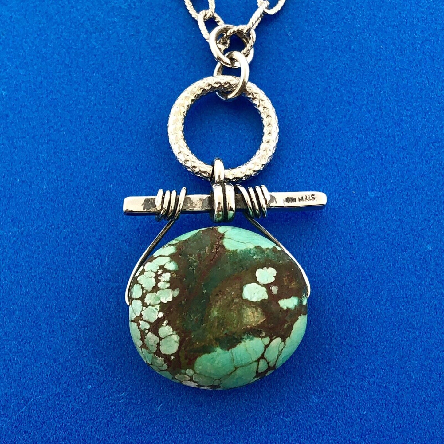 Vintage Artisan 925 Sterling Silver Oval Turquoise Bead Link Chain Necklace