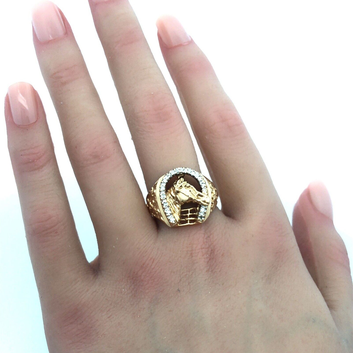 Vintage Designer 10K Yellow Gold Diamond Horse Head Horse Shoe Good Luck Ring