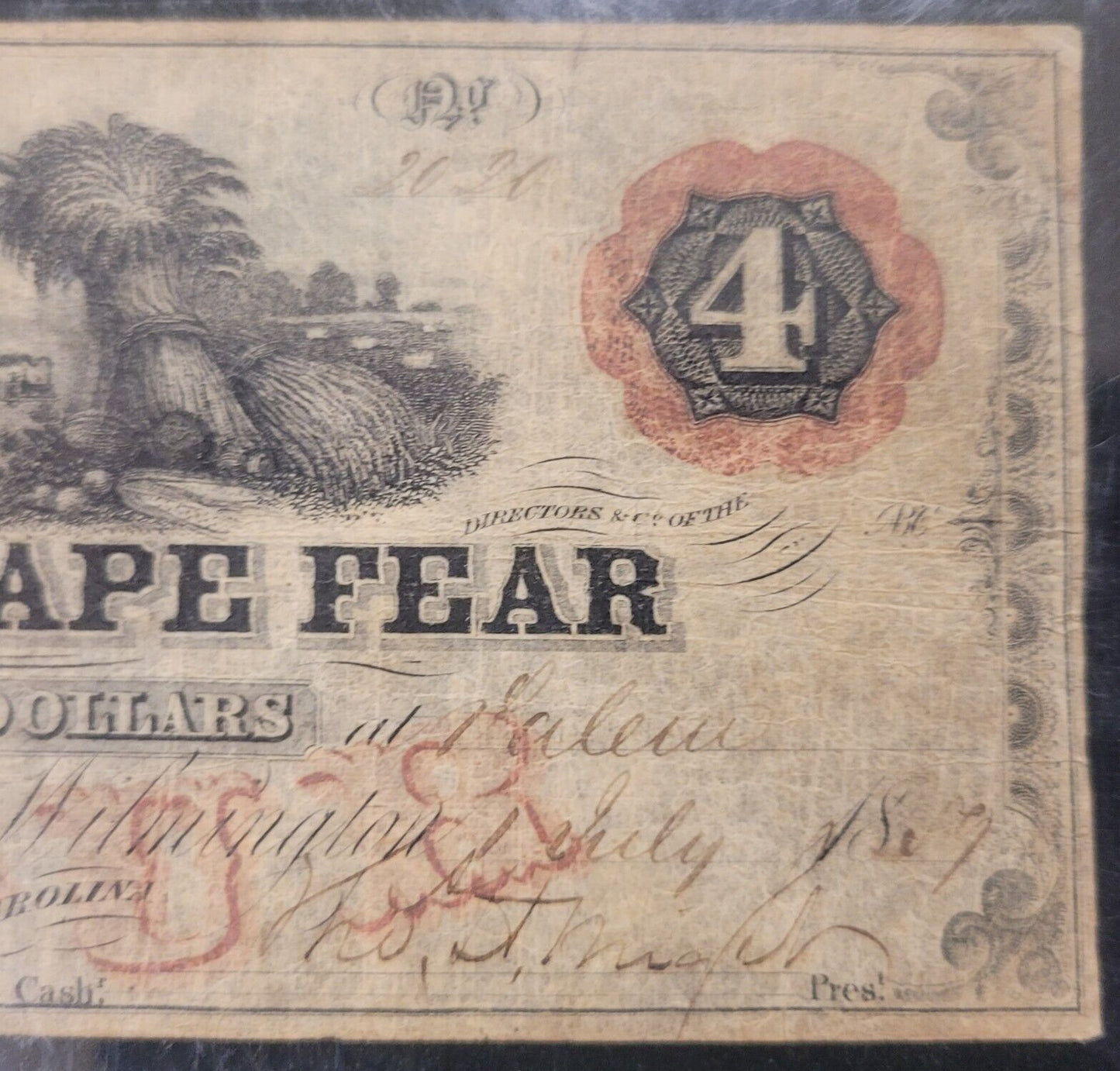 1859 $4 PMG VF20 Bank of Cape Fear, Salem, North Carolina Obsolete Bank Note