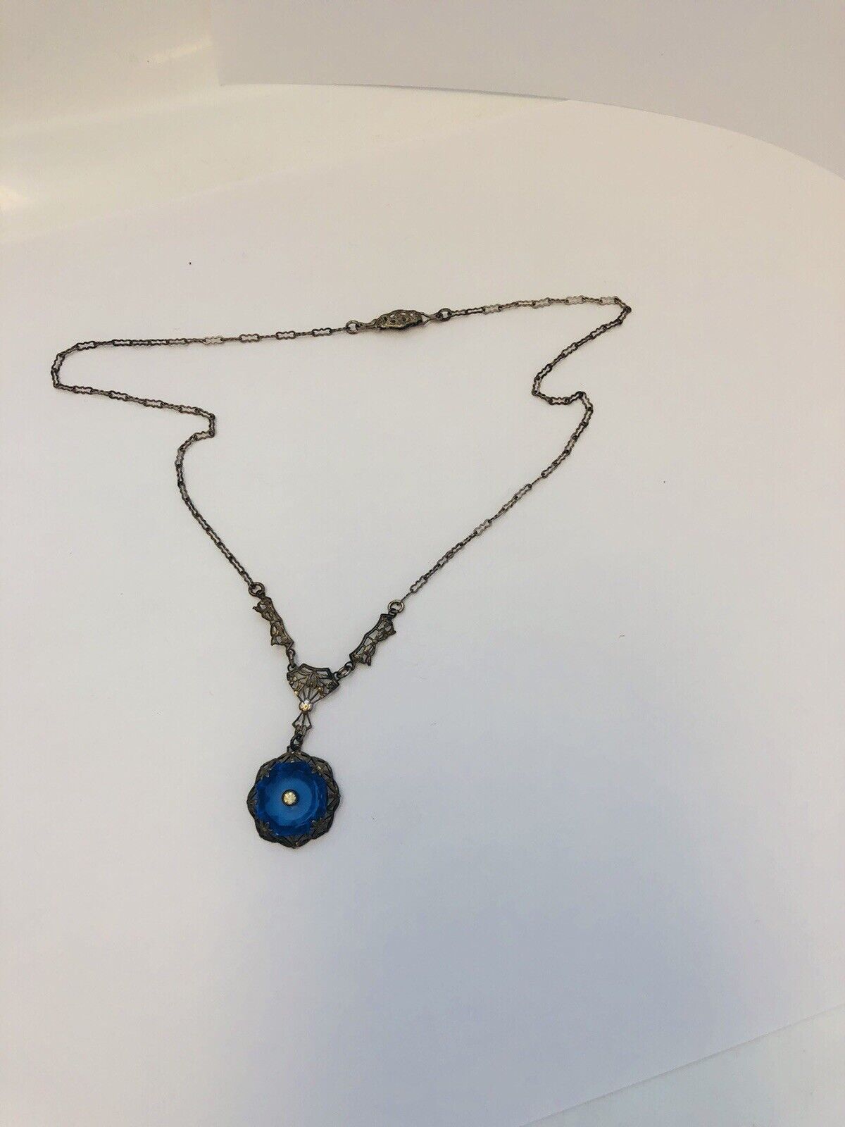 Art Nouveau Art Deco Sterling Silver Cobalt Glass Rhinestone Filigree Necklace
