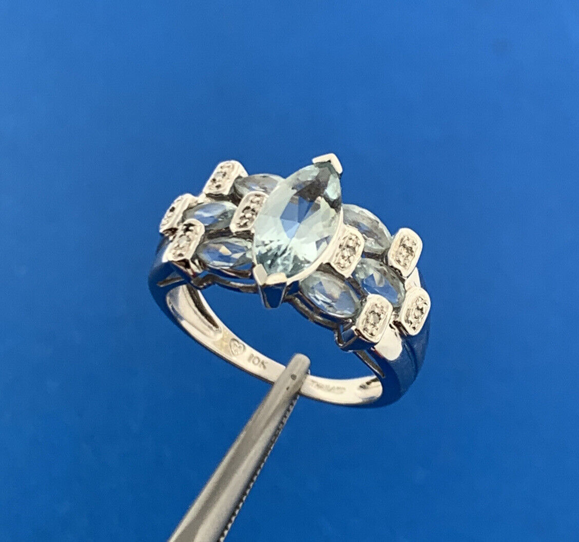 Designer 10K White Gold Aquamarine Diamond Accent March Anniversary Ring