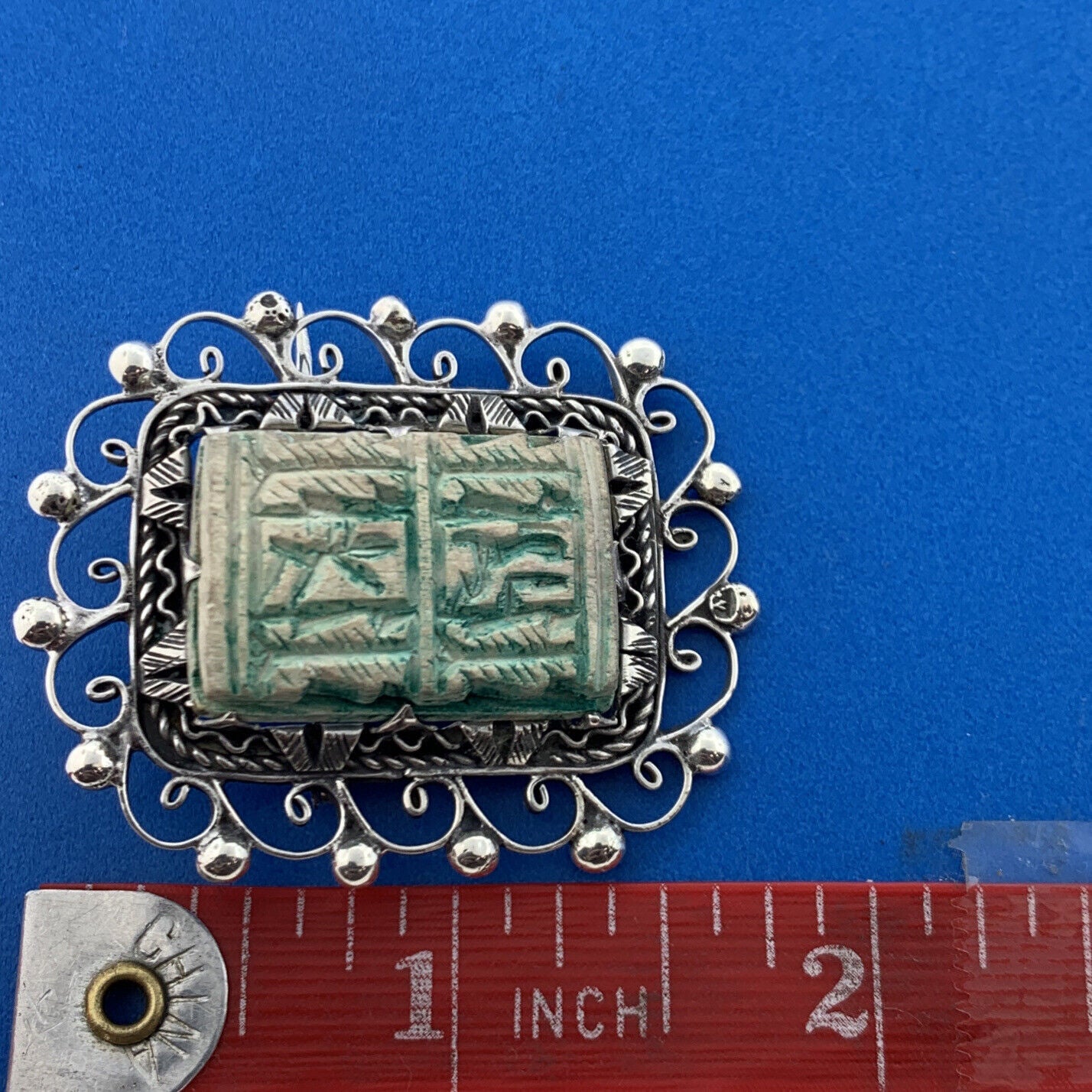 Antique 925 Sterling Silver Carved Scrimshaw Rectangle Open Work Pendant Brooch