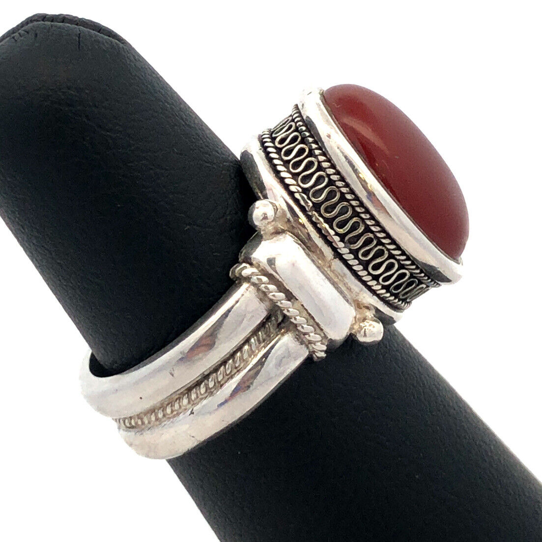 Designer BA 925 Sterling Silver Oval Red Carnelian Textured Statement Ring