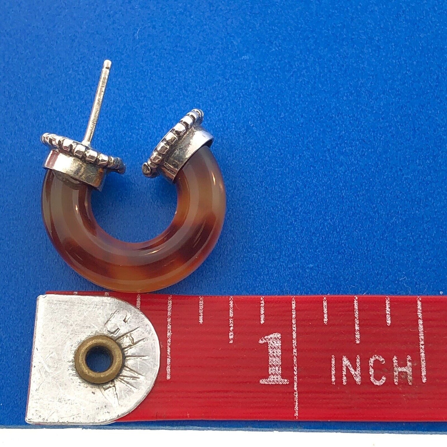 Vintage 925 Sterling Silver Amber Tube Half Hoop Stud Earrings