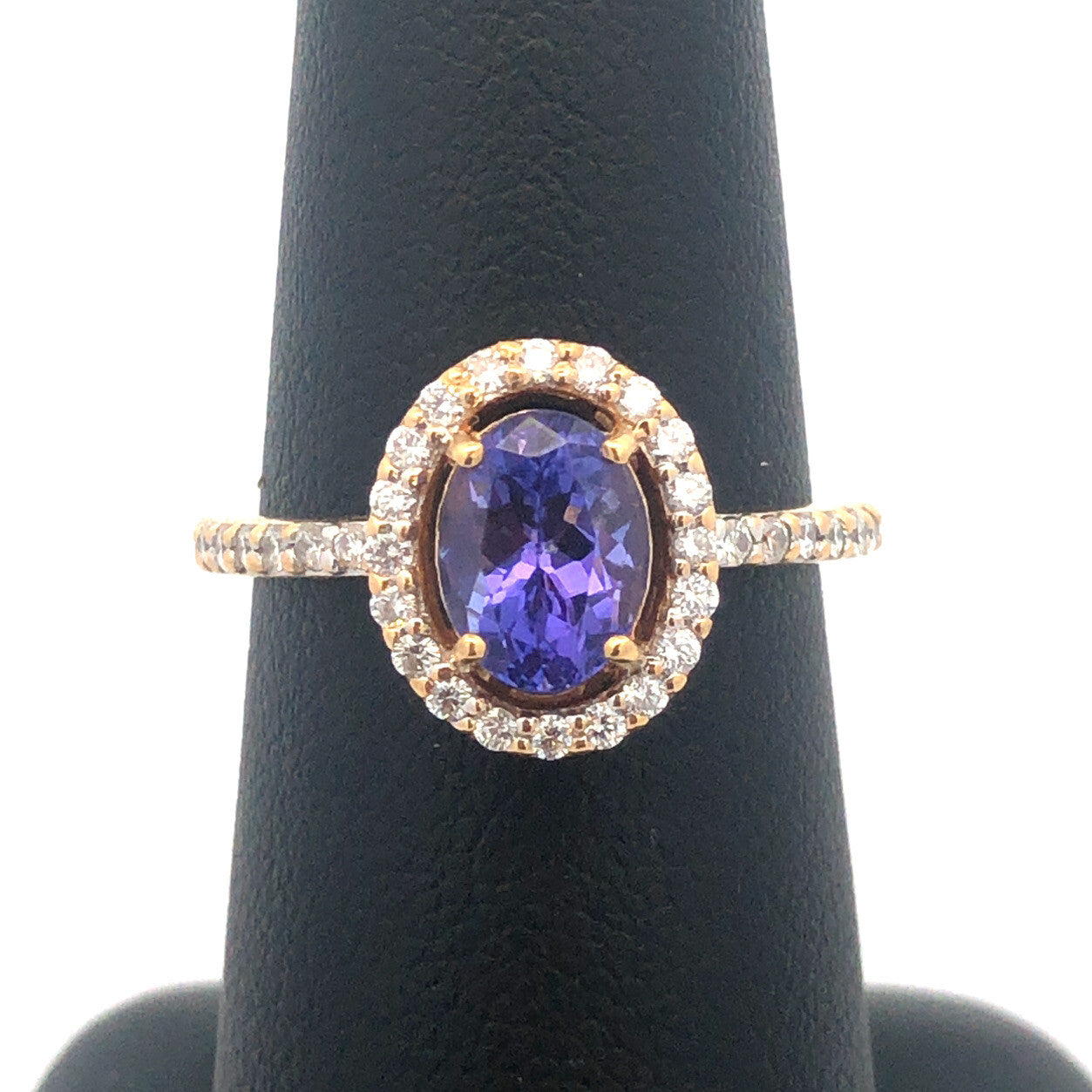 Designer 18K Yellow Gold Oval Tanzanite Diamond Halo Engagement Cocktail Ring