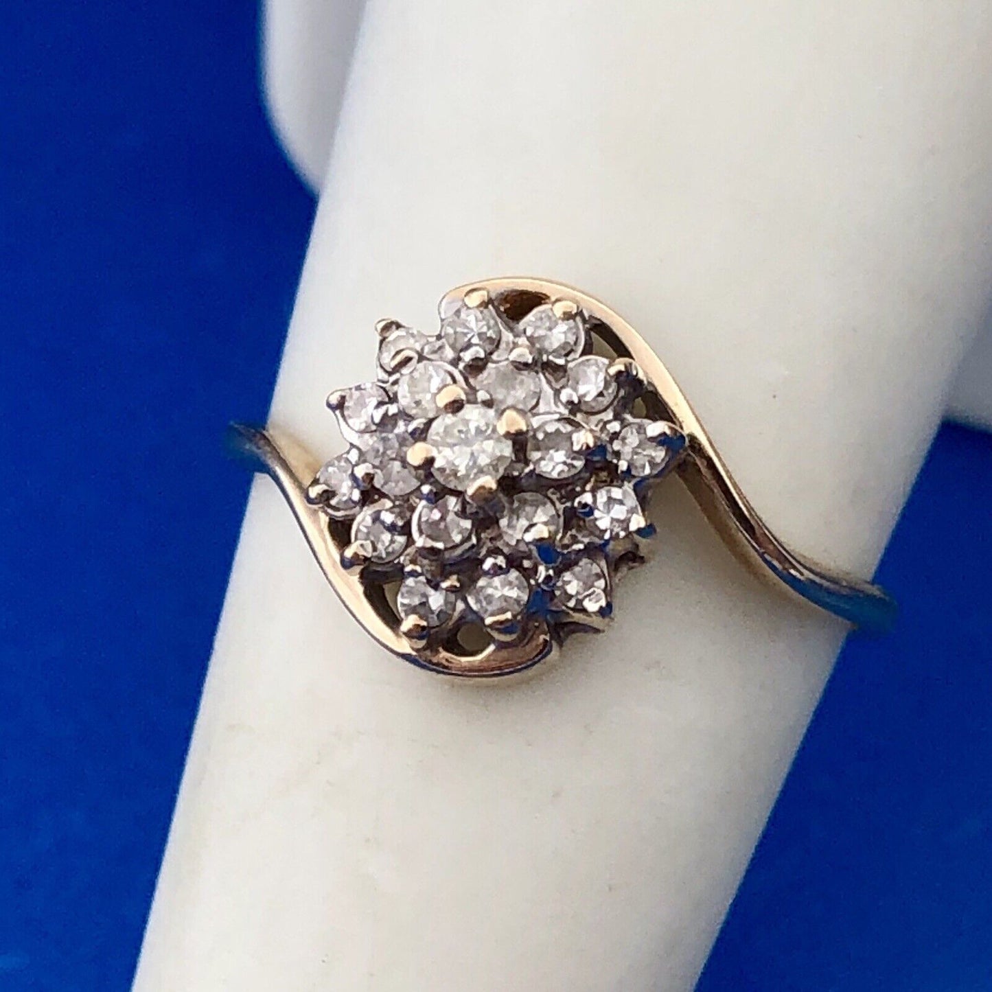 Retro 14K Yellow Gold Diamond Floral Cluster Bypass Engagement Bridal Ring