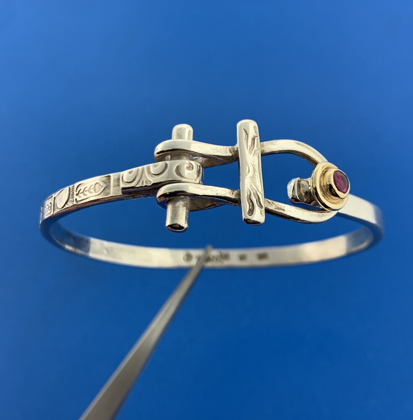Sun Lyon Studio 925 Sterling Silver 14K Gold Ruby Hand Wrought Cuff Bracelet