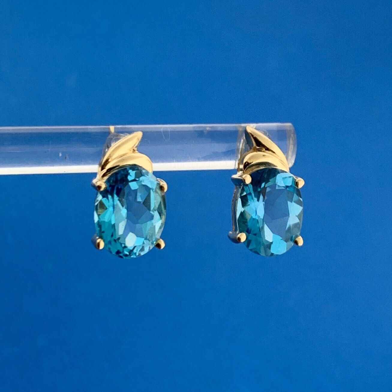 14K Yellow Gold Oval Blue Topaz December Anniversary Stud Earrings
