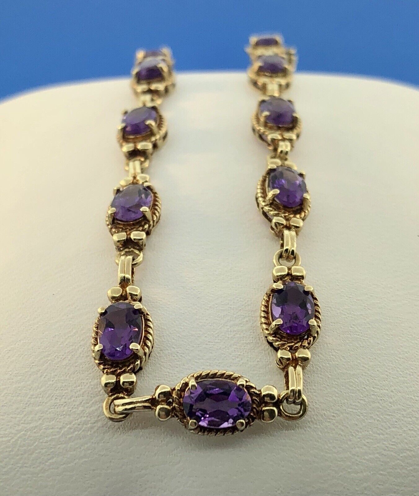 Vintage 10K Yellow Gold Oval Amethyst Panel February Anniversary Tennis Bracelet